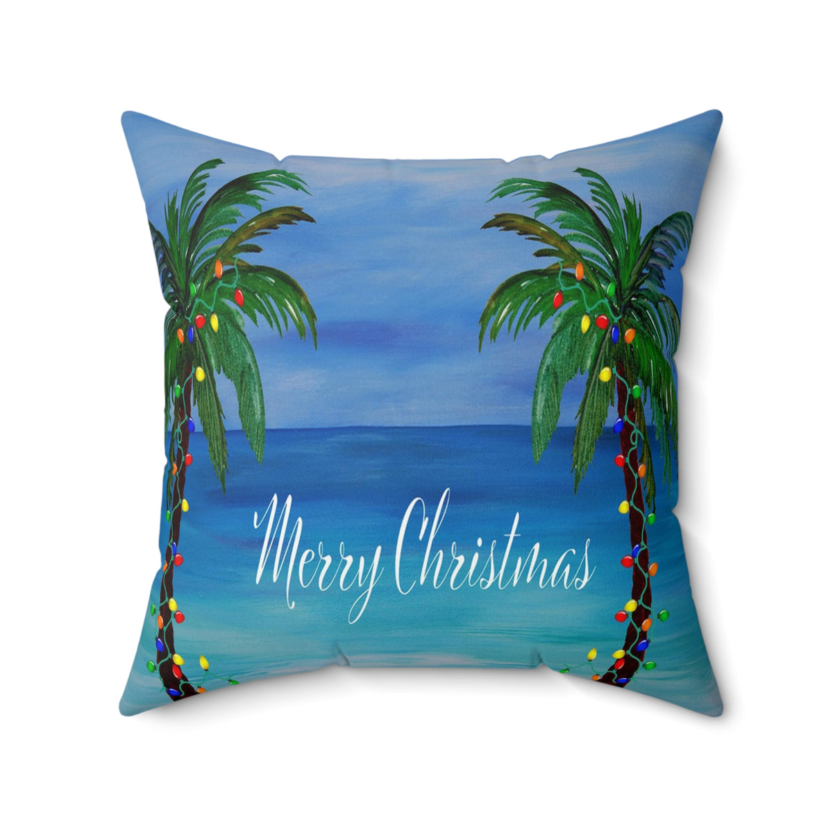 Merry Christmas Tropical Pillow — Palm Trees & Beach Holiday Throw Pillow