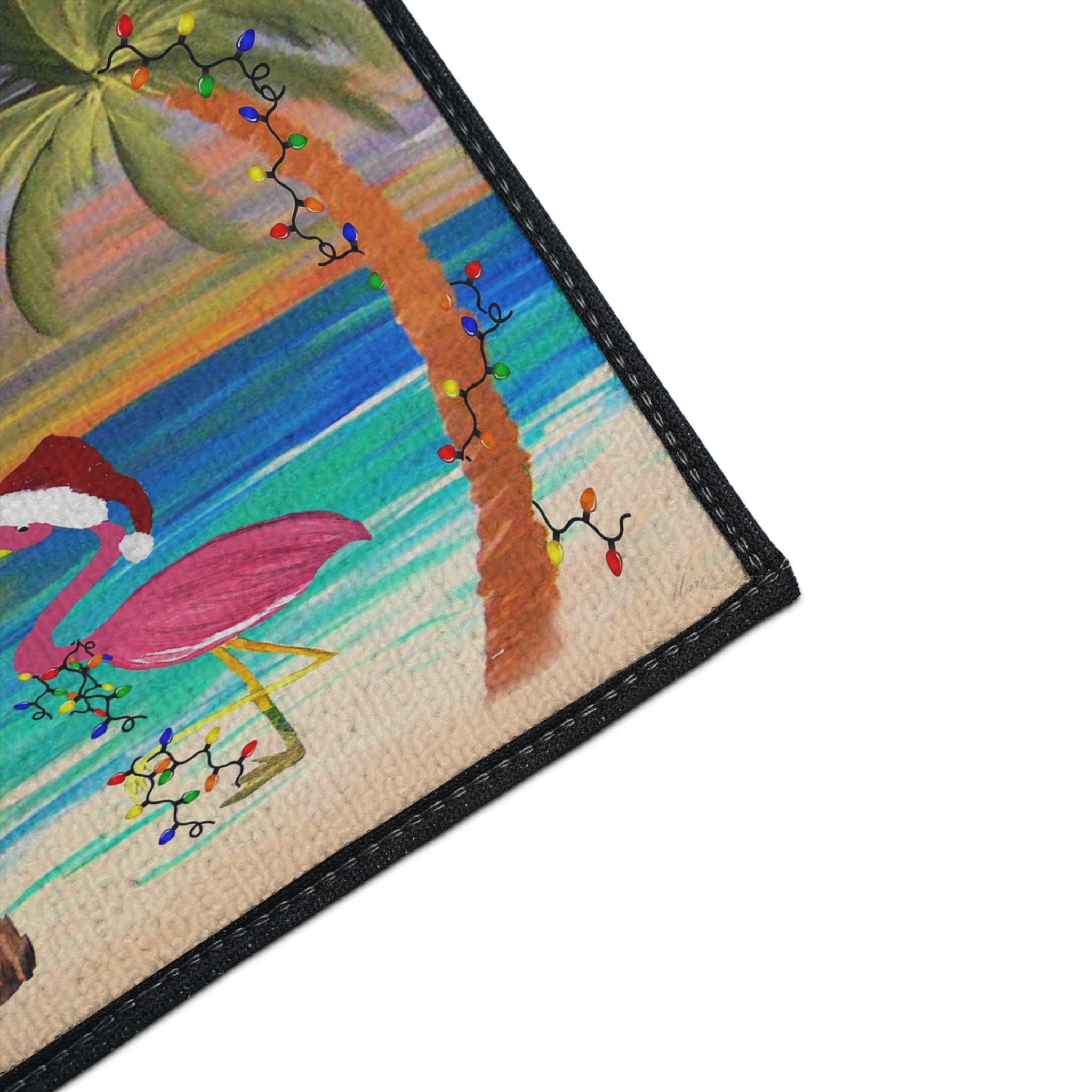 Christmas Beach Floor Mat — "Merry Christmas" Flamingo Palm Tree Doormat