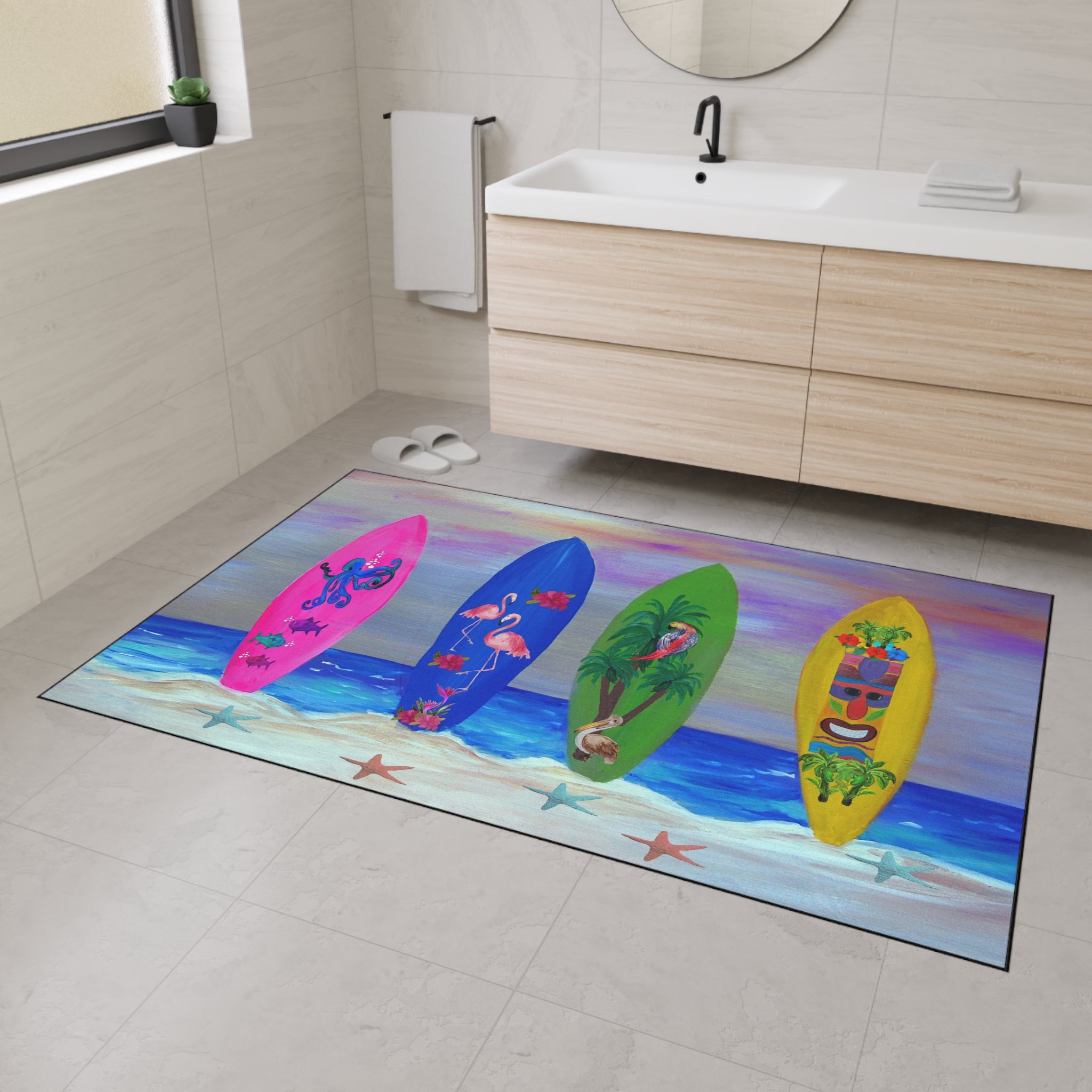 Tropical Surfboard Beach Mat — Heavy Duty Floor Mat with Colorful Surf Art