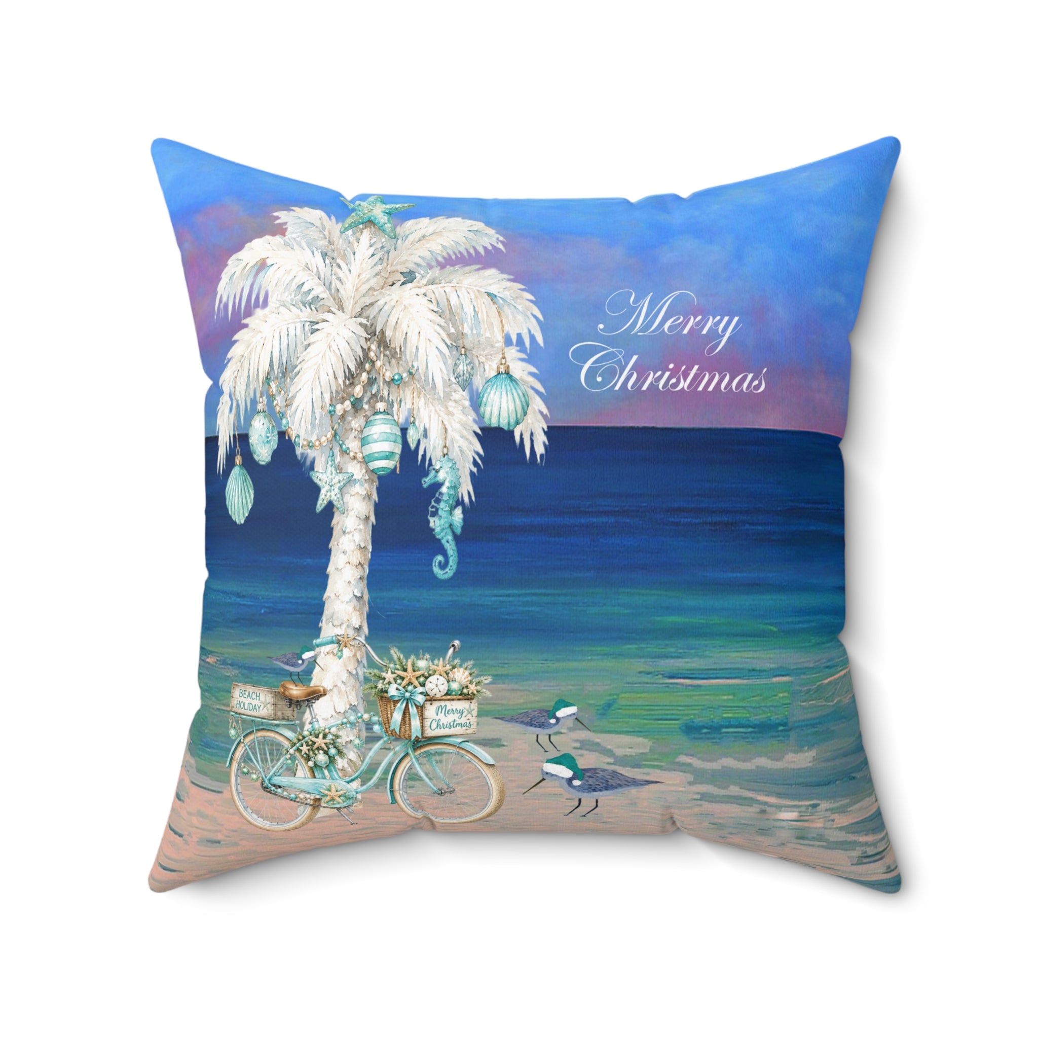 Coastal Christmas Pillow — Beach Palm Tree "Merry Christmas" Throw Pillow