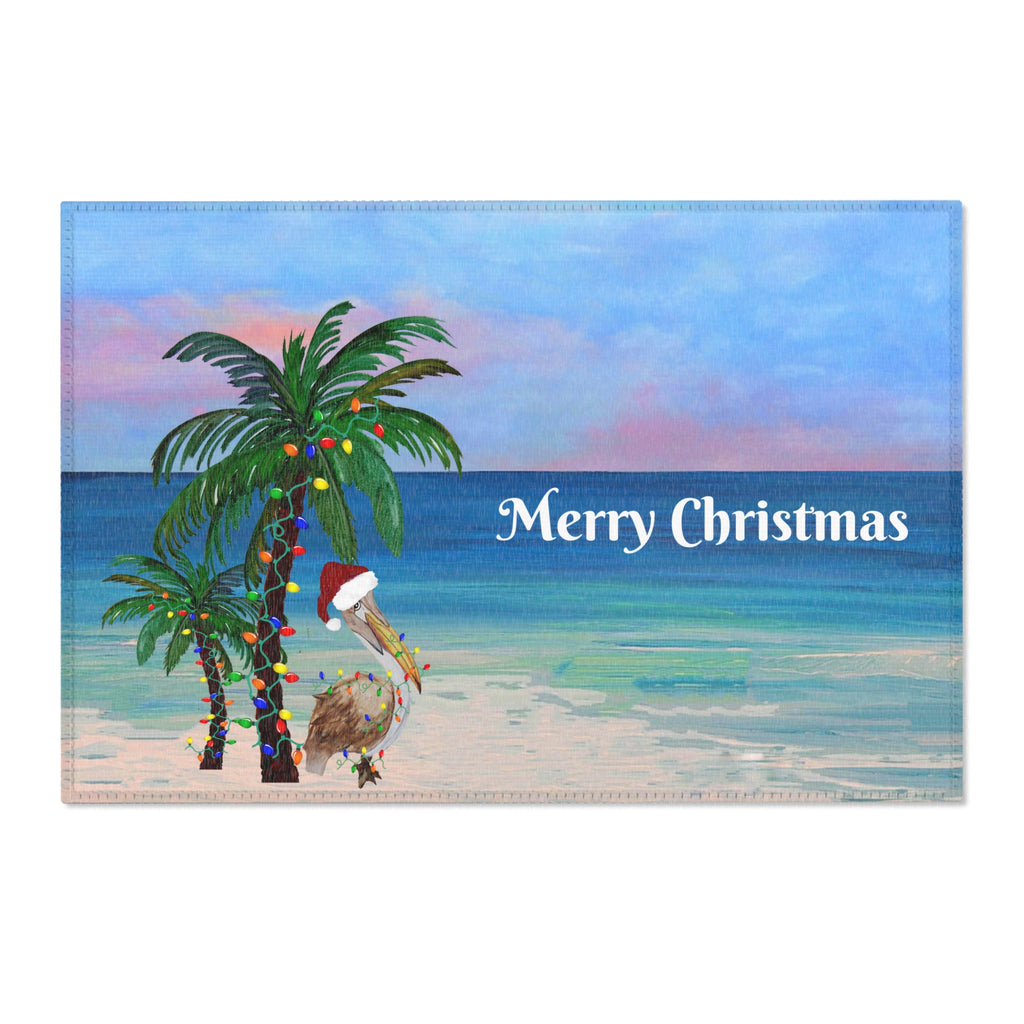 Merry Christmas Beach Area Rug – Tropical Palm & Pelican Holiday Mat