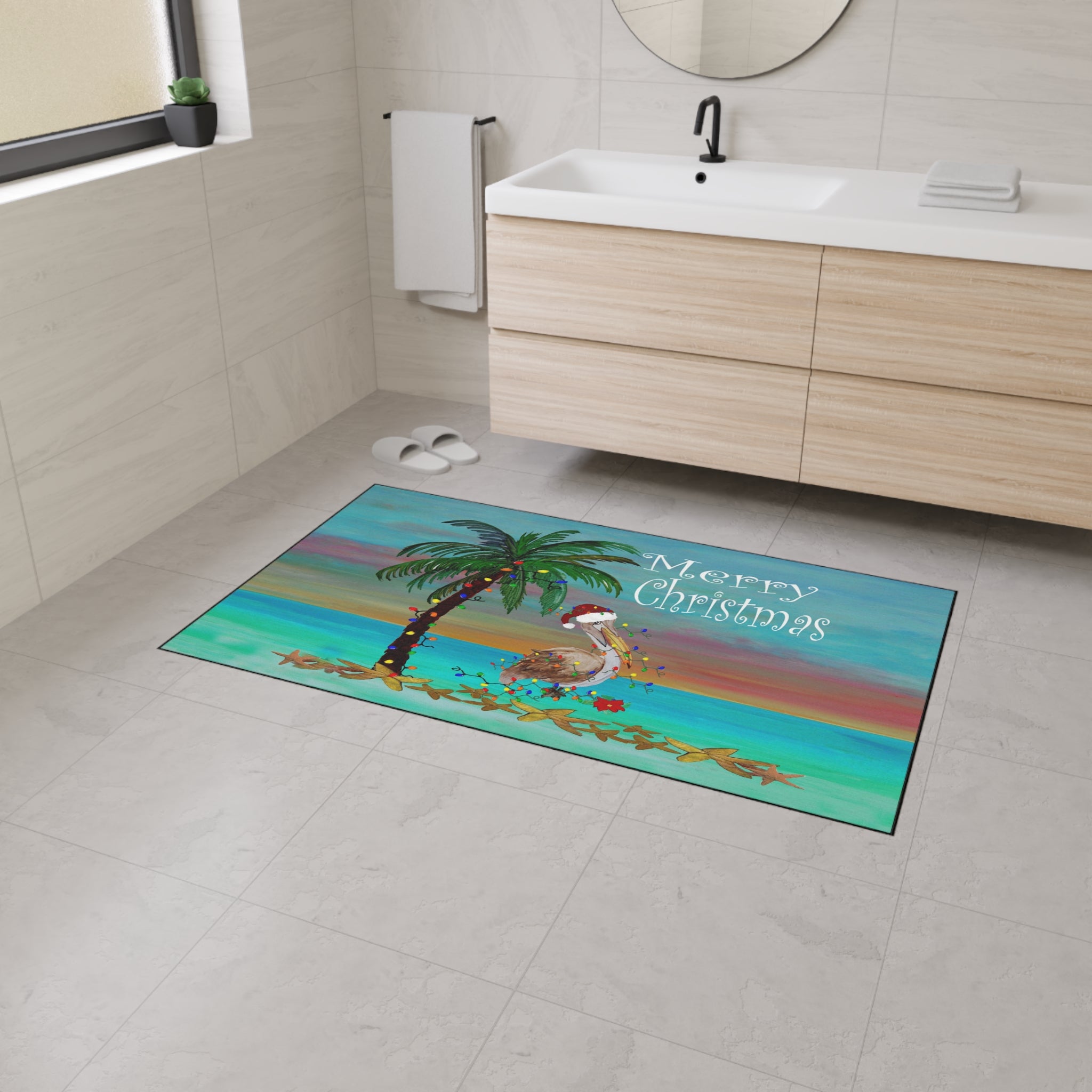 Christmas Beach Floor Mat — 'Merry Christmas' Pelican & Palm Holiday Doormat