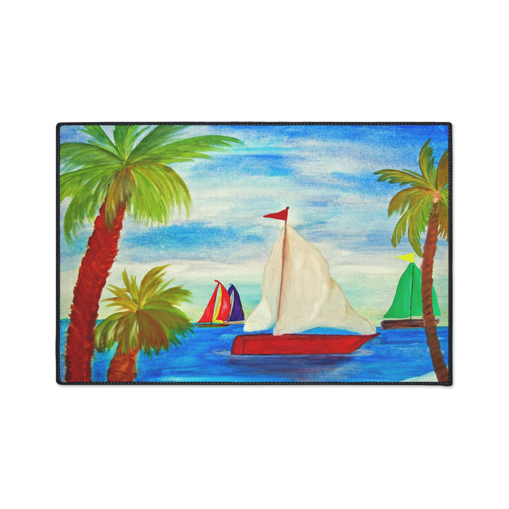 Sailboat Palm Beach Floor Mat — Heavy-Duty Tropical Welcome Mat