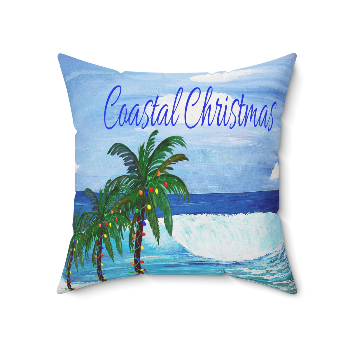 Coastal Christmas Throw Pillow - Tropical Palm Tree Beach Holiday Decor