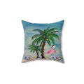Tropical Christmas Palm Pillow — Flamingo with Holiday Lights