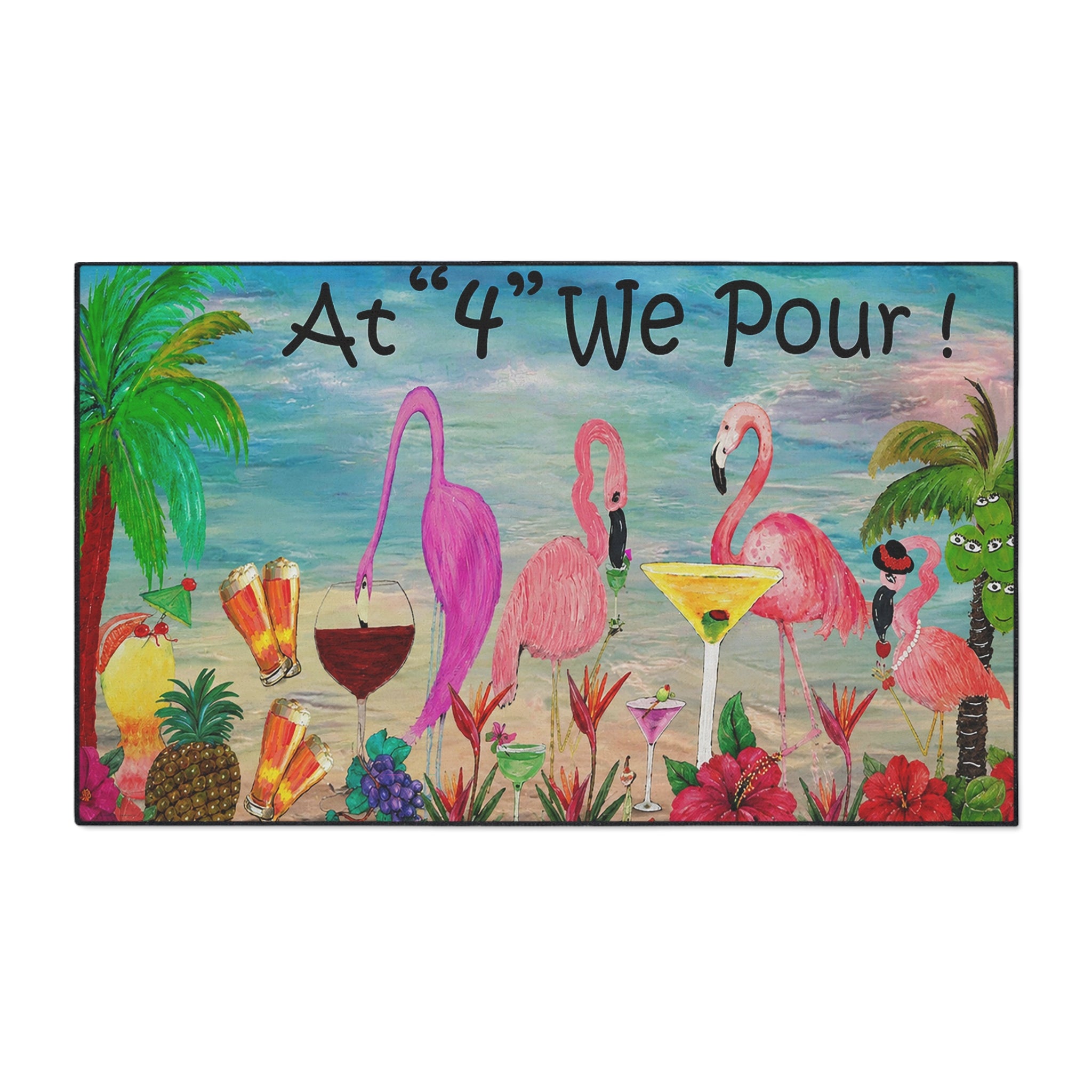 Tropical Flamingo Welcome Mat — "At '4' We Pour!" Cocktail Beach Door Mat