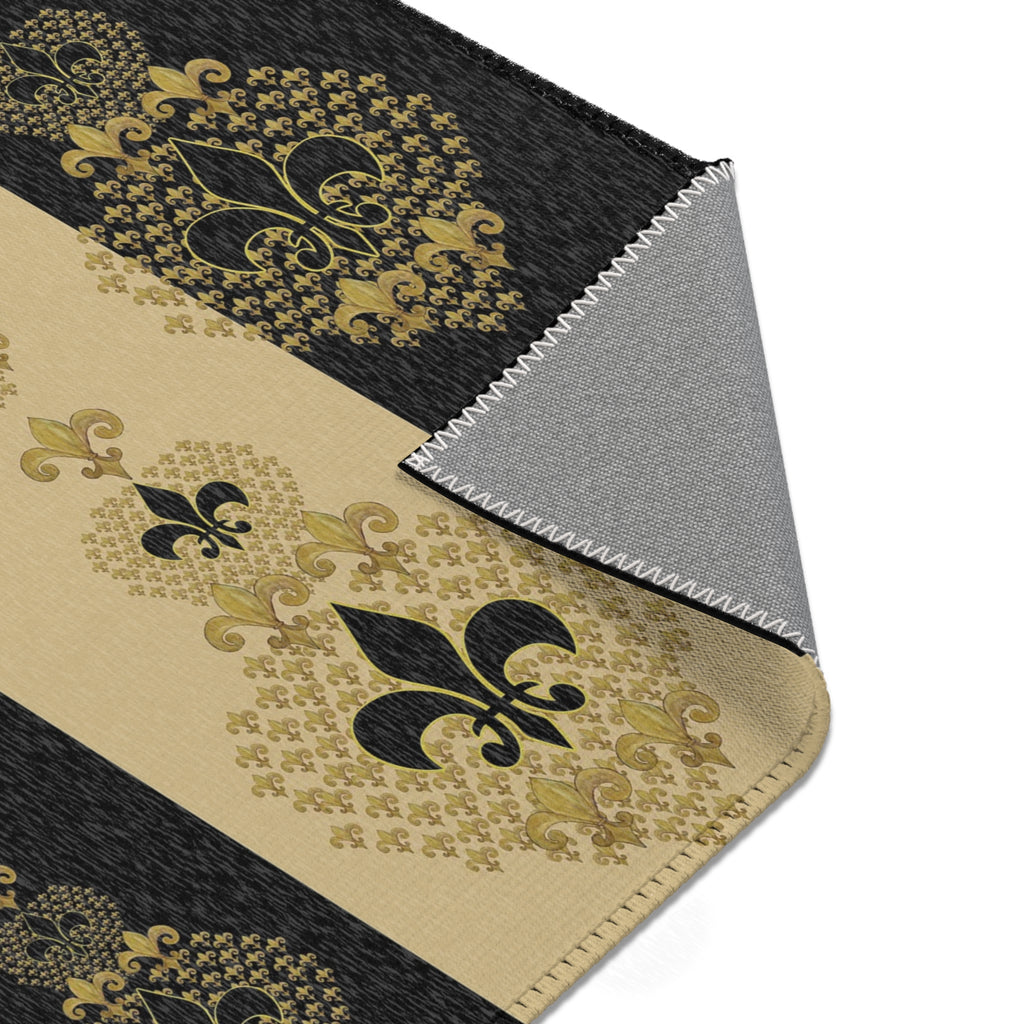 Fleur-de-Lis Striped Area Rug — Elegant Gold & Black Decorative Mat