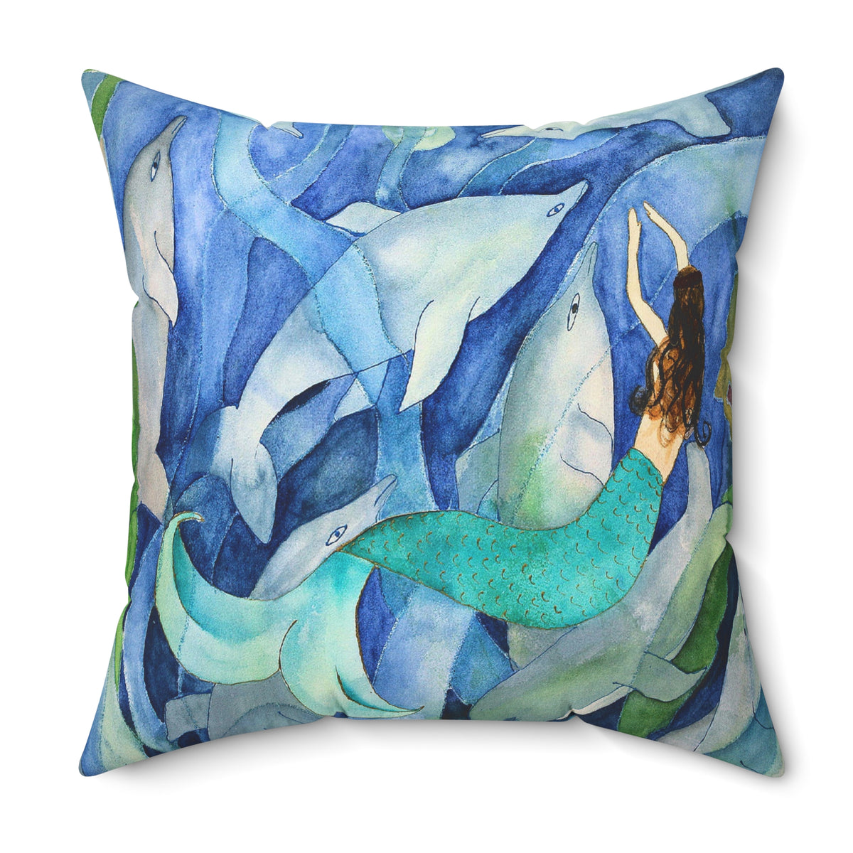 Mermaid & Dolphins Watercolor Throw Pillow — Ocean Blue Decorative Cushion