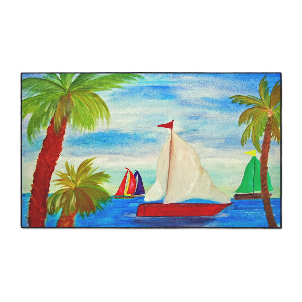 Sailboat Palm Beach Floor Mat — Heavy-Duty Tropical Welcome Mat
