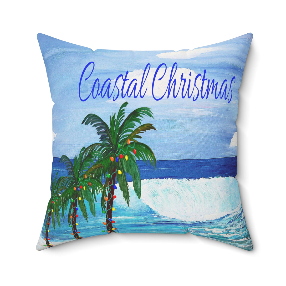 Coastal Christmas Throw Pillow - Tropical Palm Tree Beach Holiday Decor