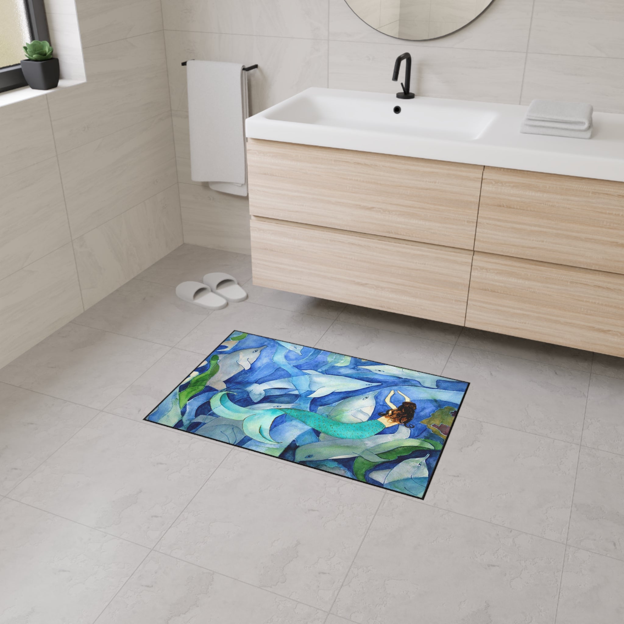 Mermaid and Dolphins Ocean Floor Mat — Heavy-Duty Nautical Doormat