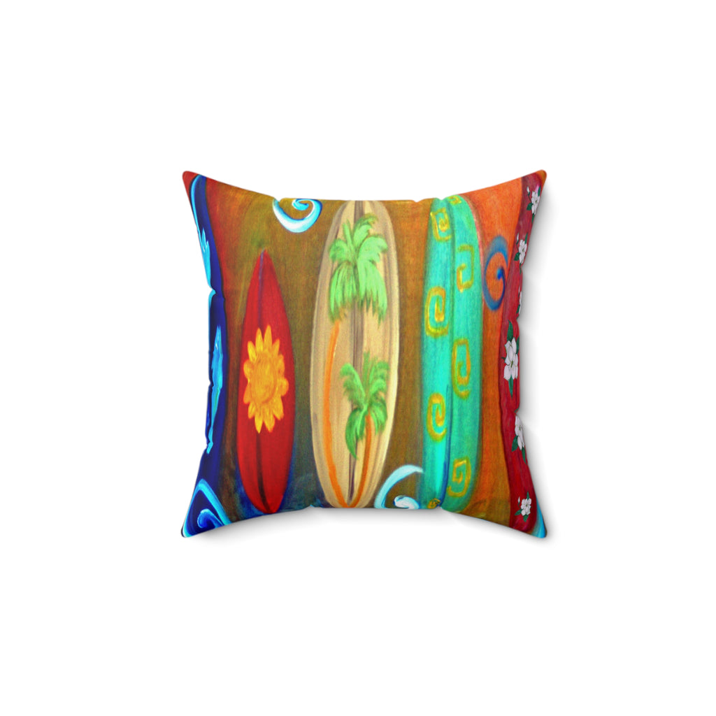 Surfboard Art Decorative Pillow — Colorful Tropical Beach Throw Pillow