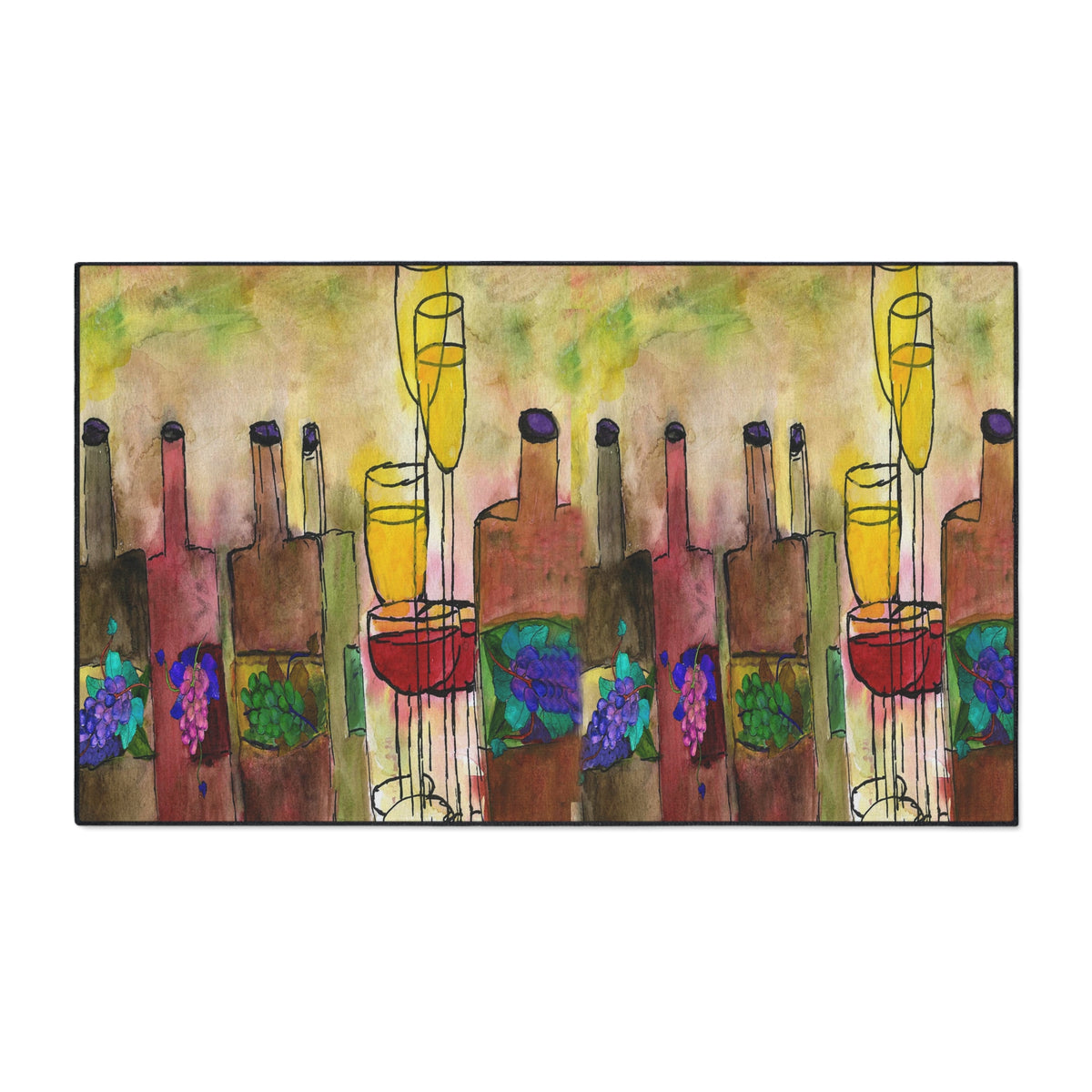 Wine Bottle Art Heavy Duty Floor Mat Vineyard Bar Colorful Grapes & Glasses Entry Rug