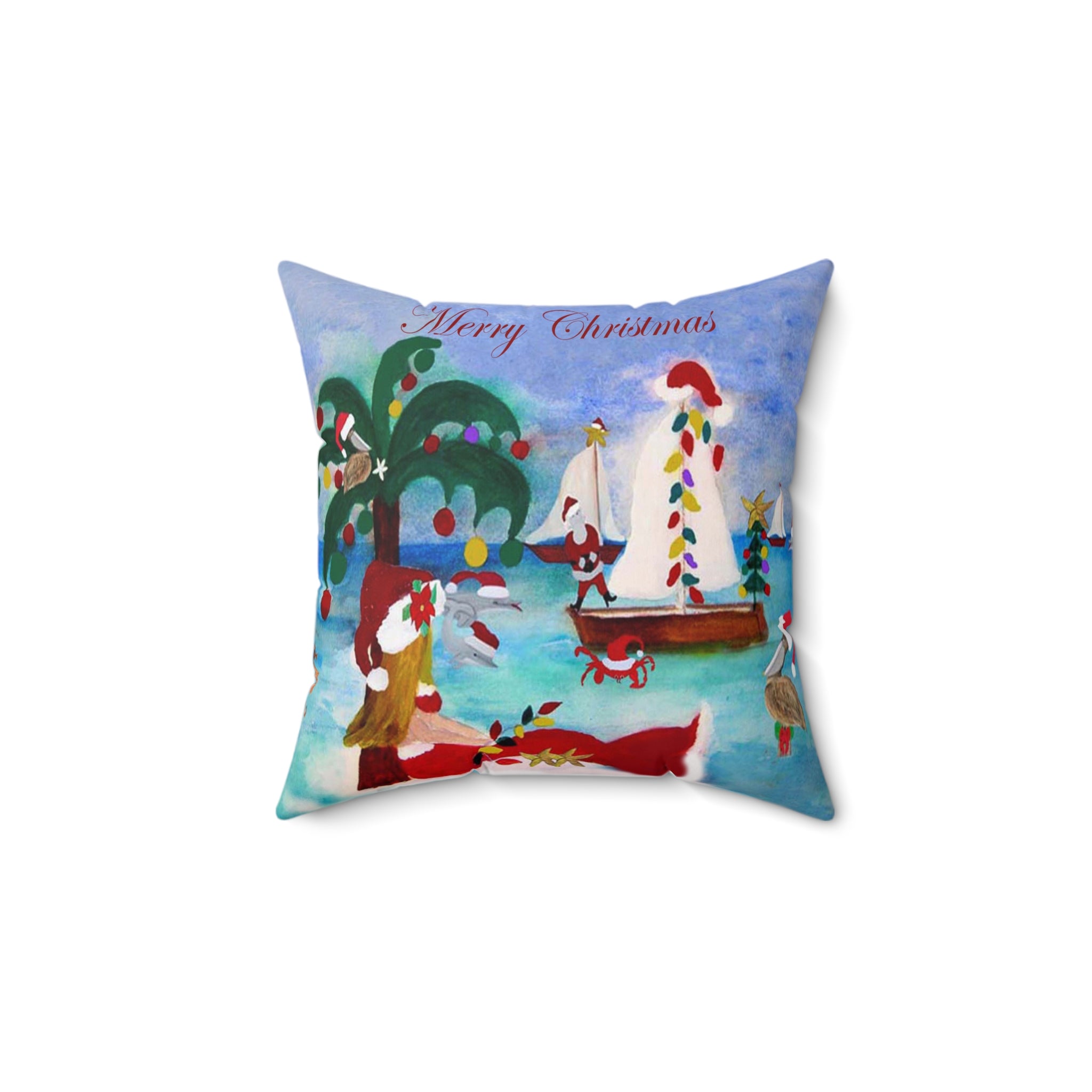 Christmas Coastal Pillow — 'Merry Christmas' Tropical Santa Decorative Throw Pillow