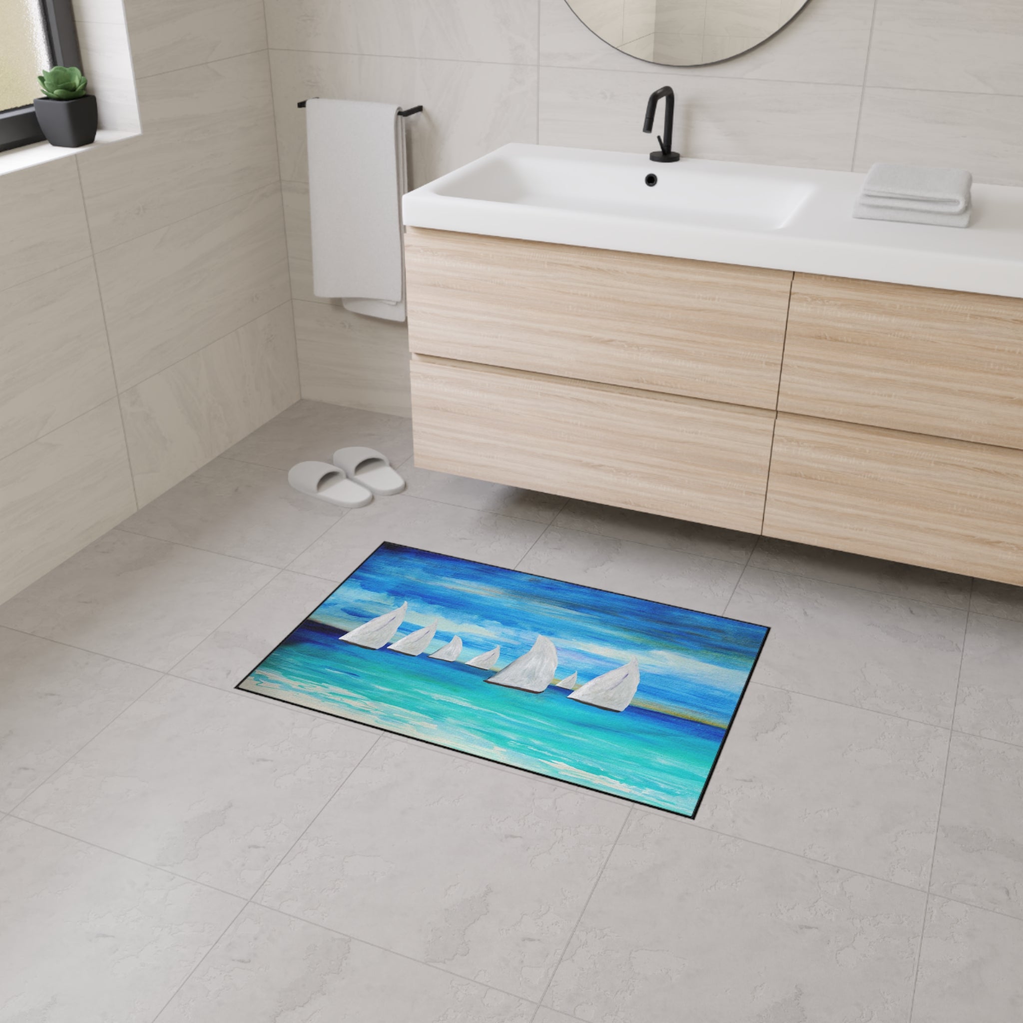 Sailboat Seascape Heavy-Duty Floor Mat — Coastal Nautical Entry Rug