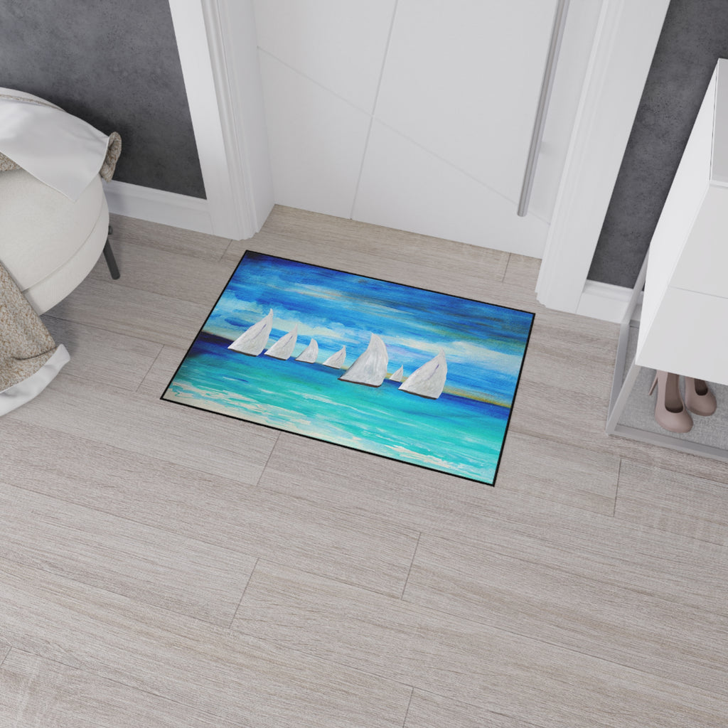 Sailboat Seascape Heavy-Duty Floor Mat — Coastal Nautical Entry Rug