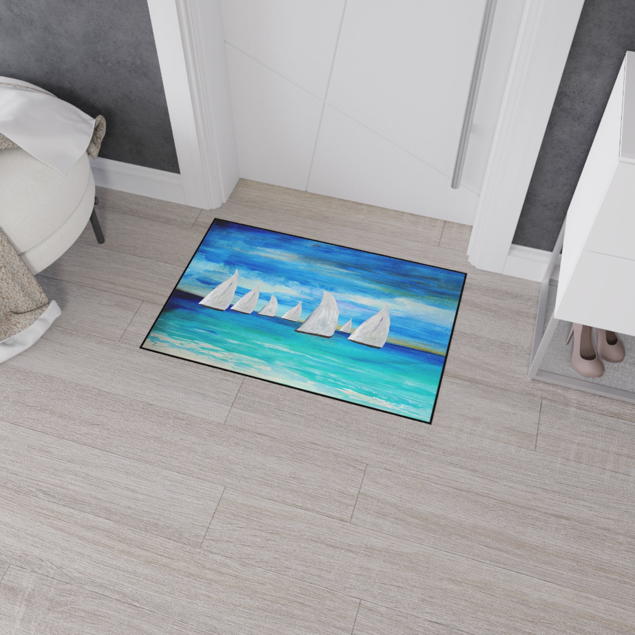 Sailboat Seascape Heavy-Duty Floor Mat — Coastal Nautical Entry Rug