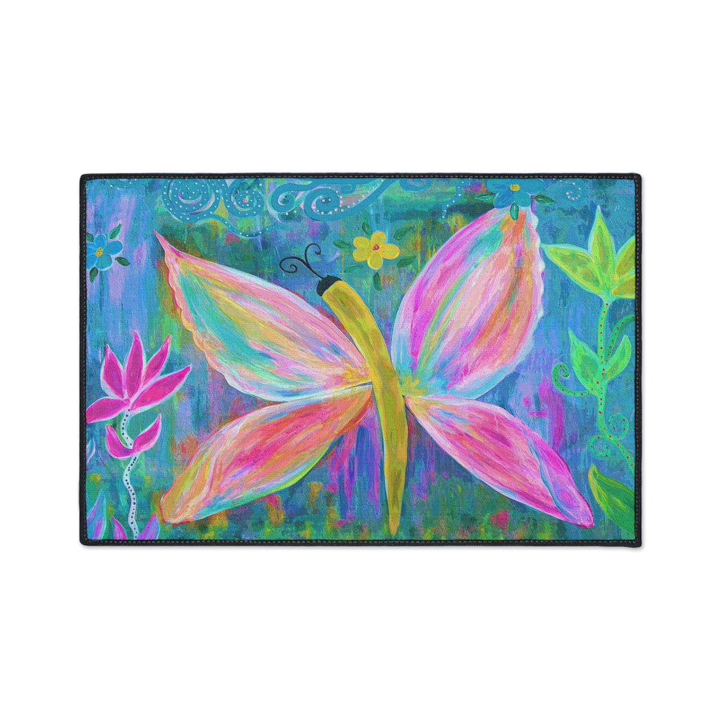 Pink Butterfly Floral Floor Mat — Colorful Garden Doormat