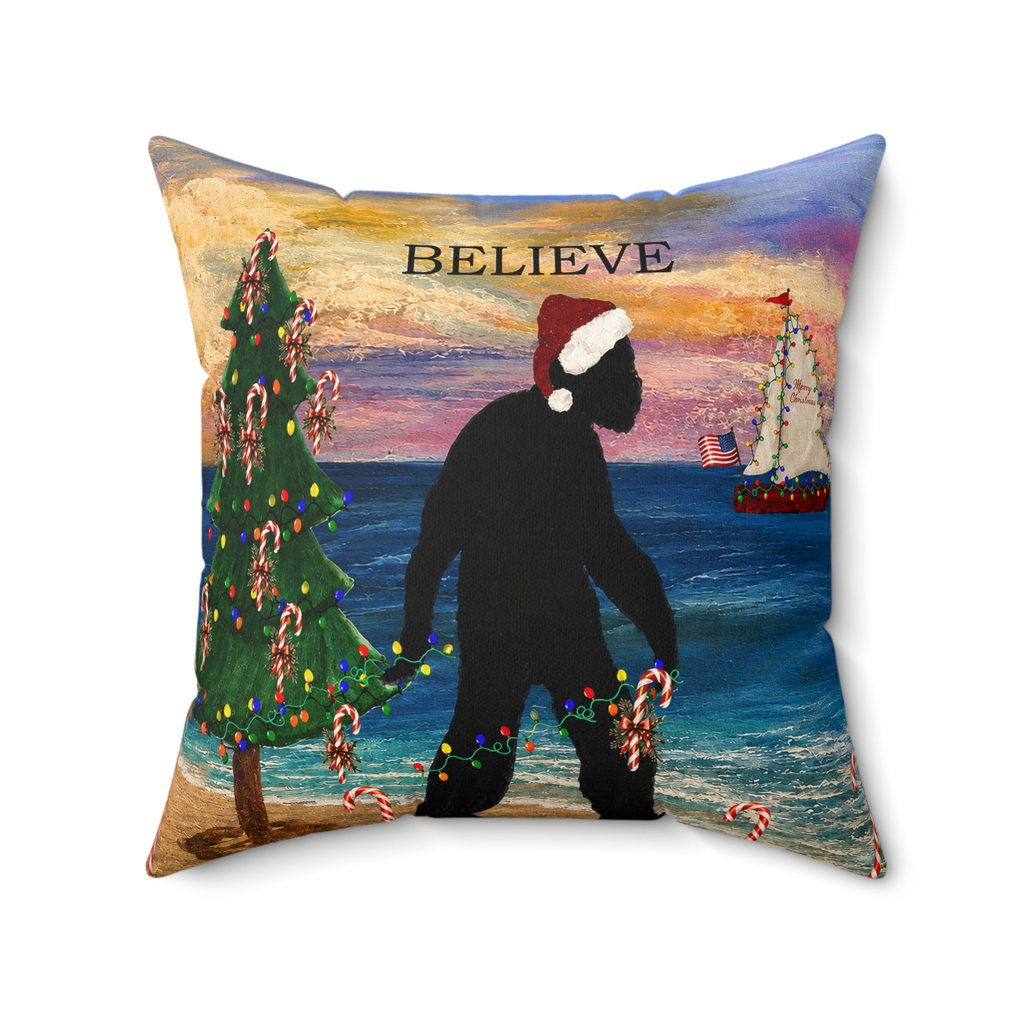 Believe Bigfoot Funny Nautical Holiday Christmas Throw Pillow