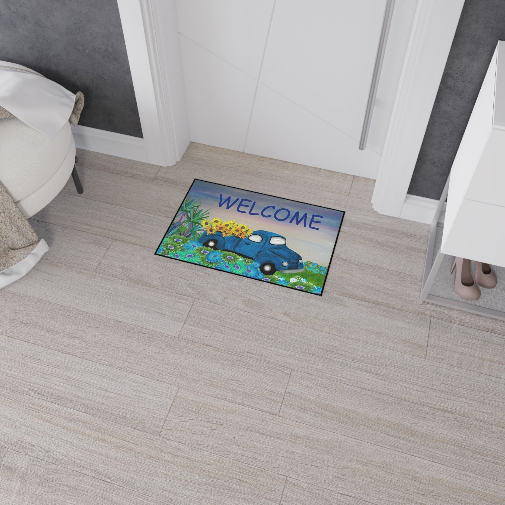 Welcome Blue Truck Doormat - Heavy Duty Floor Mat with Sunflowers