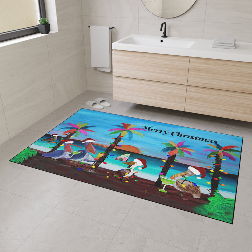 Christmas Pelican Beach Mat — "Merry Christmas" Holiday Doormat