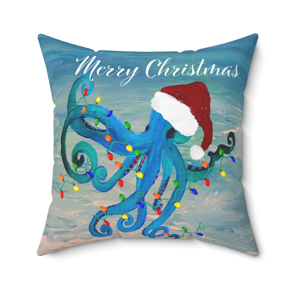Merry Christmas Octopus Pillow — Festive Santa Hat Sea Creature Throw Pillow