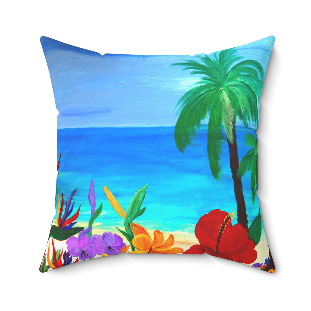 Tropical Beach Pillow - Palm Trees & Hibiscus Decorative Throw