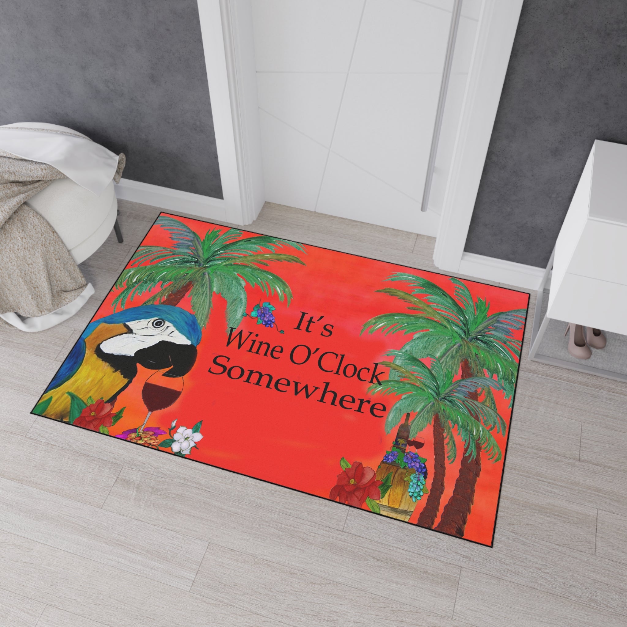 Floor Mat — "It’s Wine O’Clock Somewhere" Tropical Parrot Welcome Mat