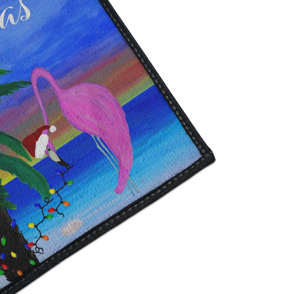 Christmas Beach Floor Mat – 'Merry Christmas' Palm Tree with Pelican & Flamingo Holiday Doormat