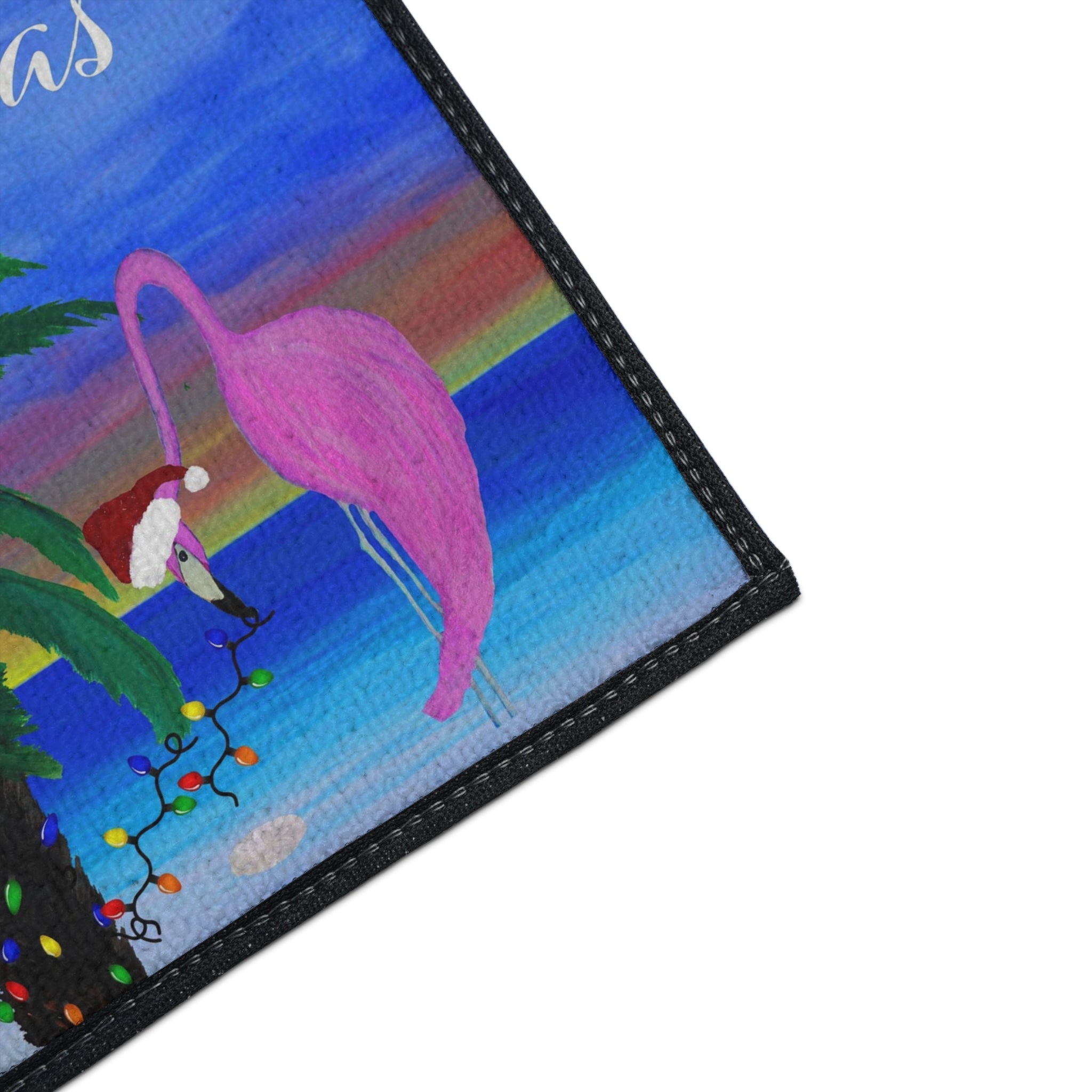 Christmas Beach Floor Mat – 'Merry Christmas' Palm Tree with Pelican & Flamingo Holiday Doormat