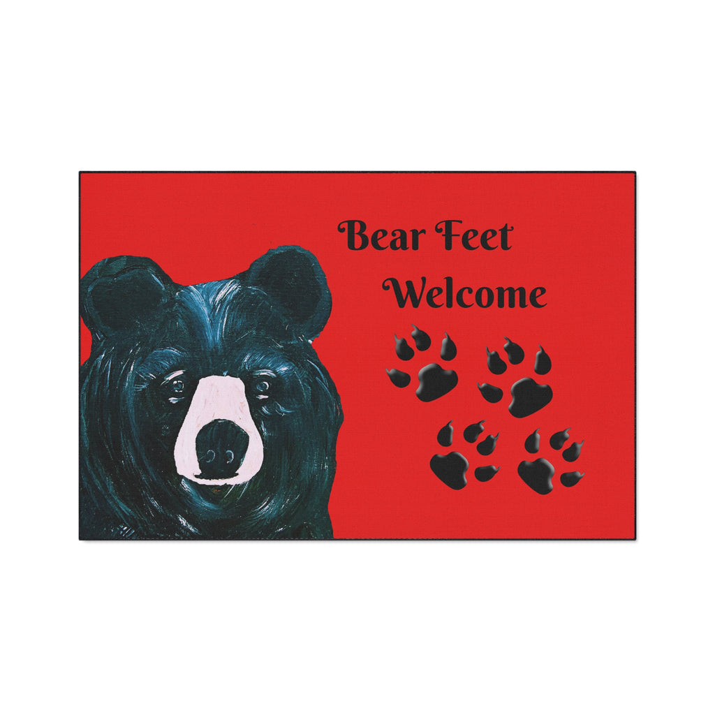 Bear Feet Welcome Heavy-Duty Floor Mat — Red Cabin Doormat with Bear Paw Prints