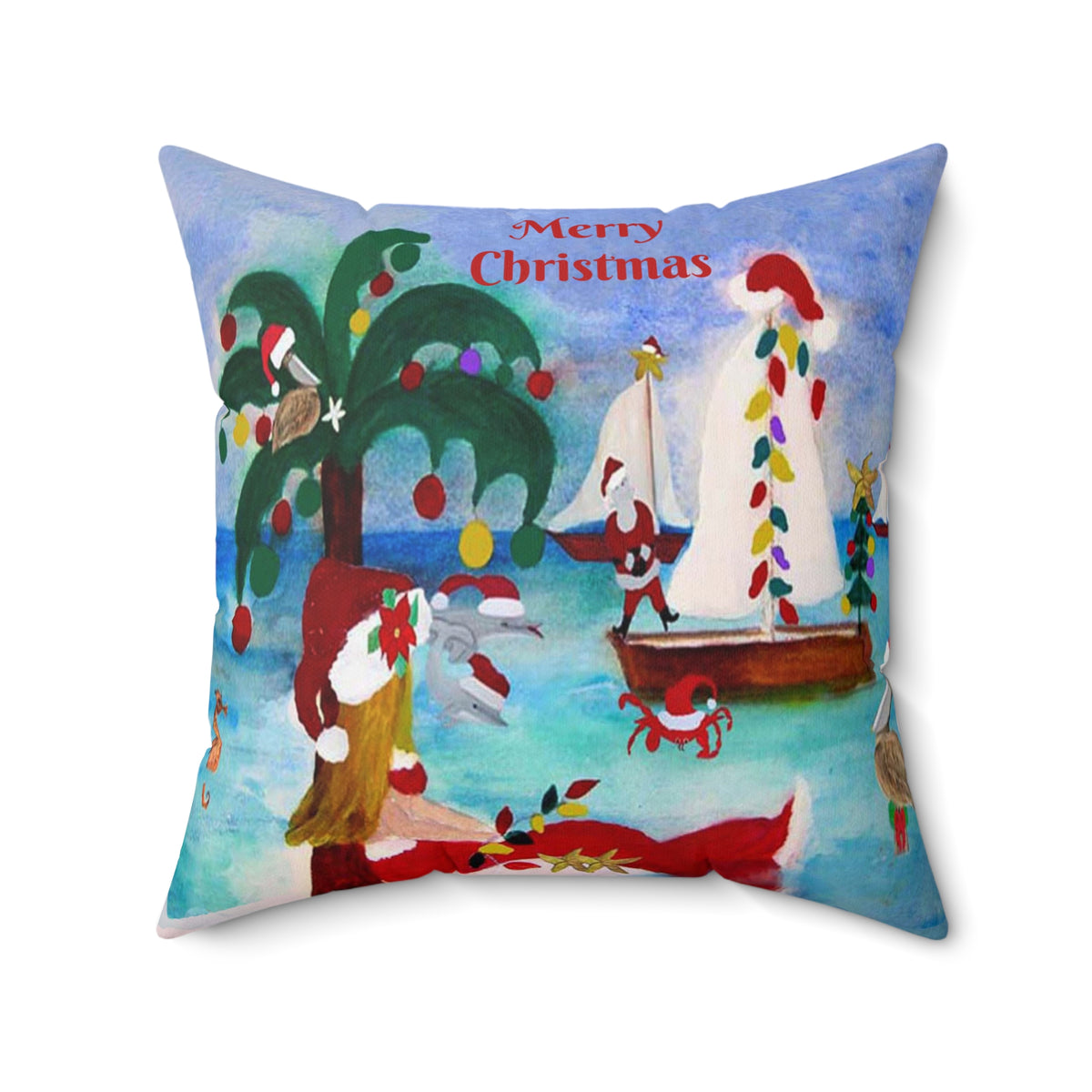 Christmas Coastal Pillow — 'Merry Christmas' Sailboat & Palm Tree Holiday Throw Pillow