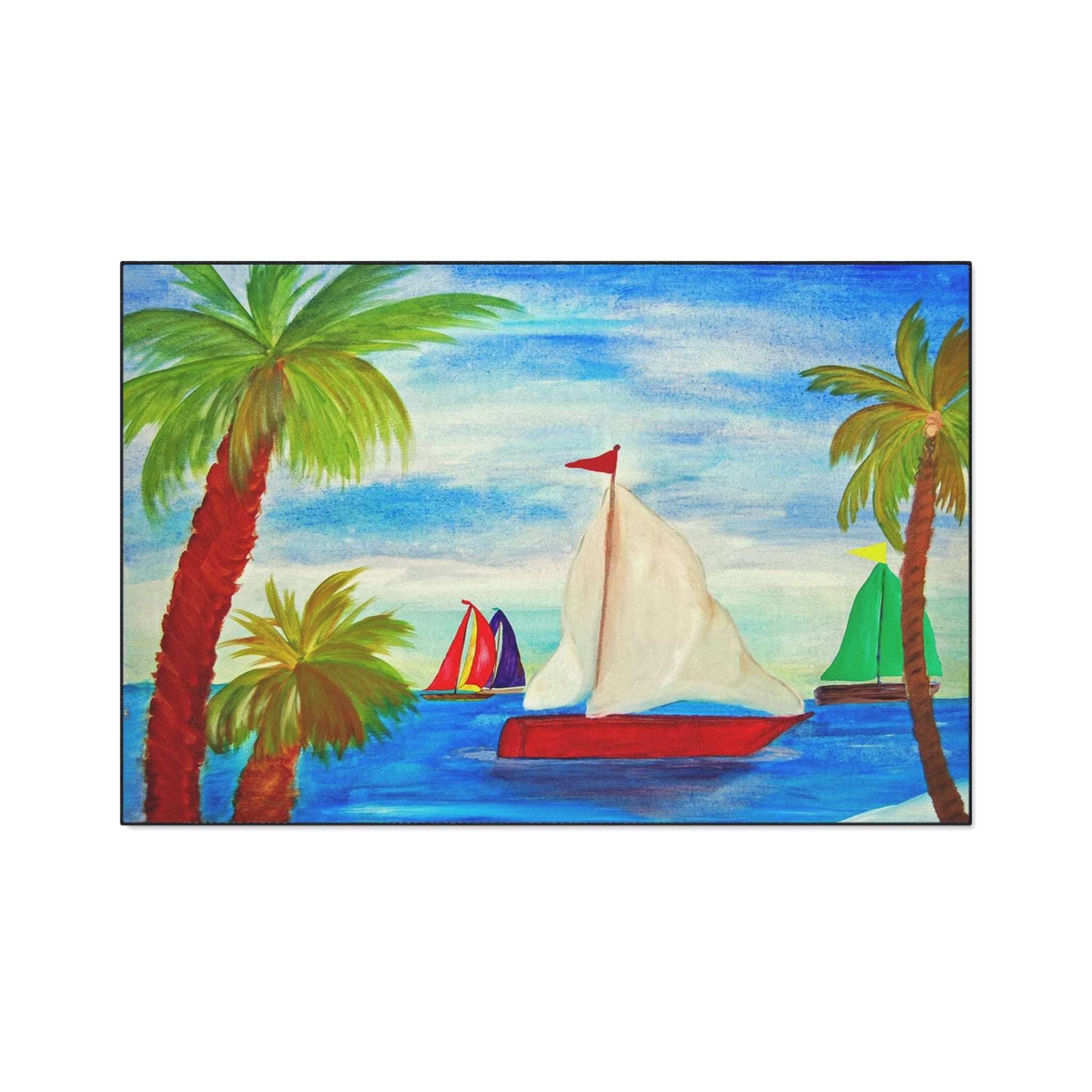 Sailboat Palm Beach Floor Mat — Heavy-Duty Tropical Welcome Mat