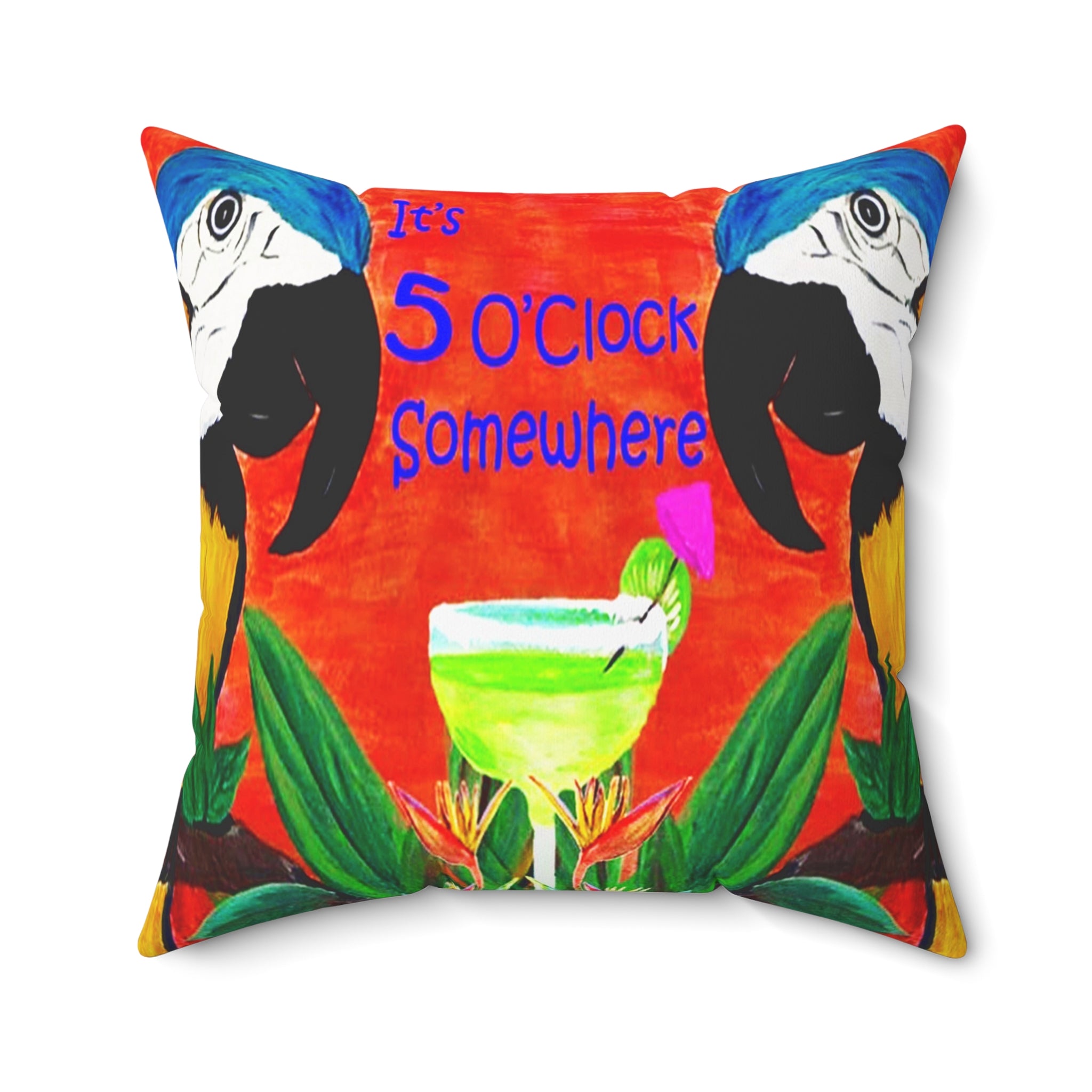 Square Pillow — Tropical Parrot 'It's 5 O'Clock Somewhere' Cocktail Design