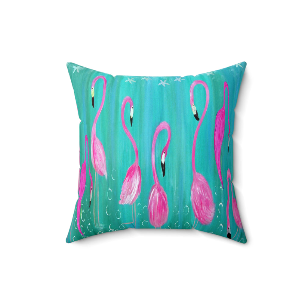 Pink Flamingo Throw Pillow – Tropical Coastal Decorative Square Pillow