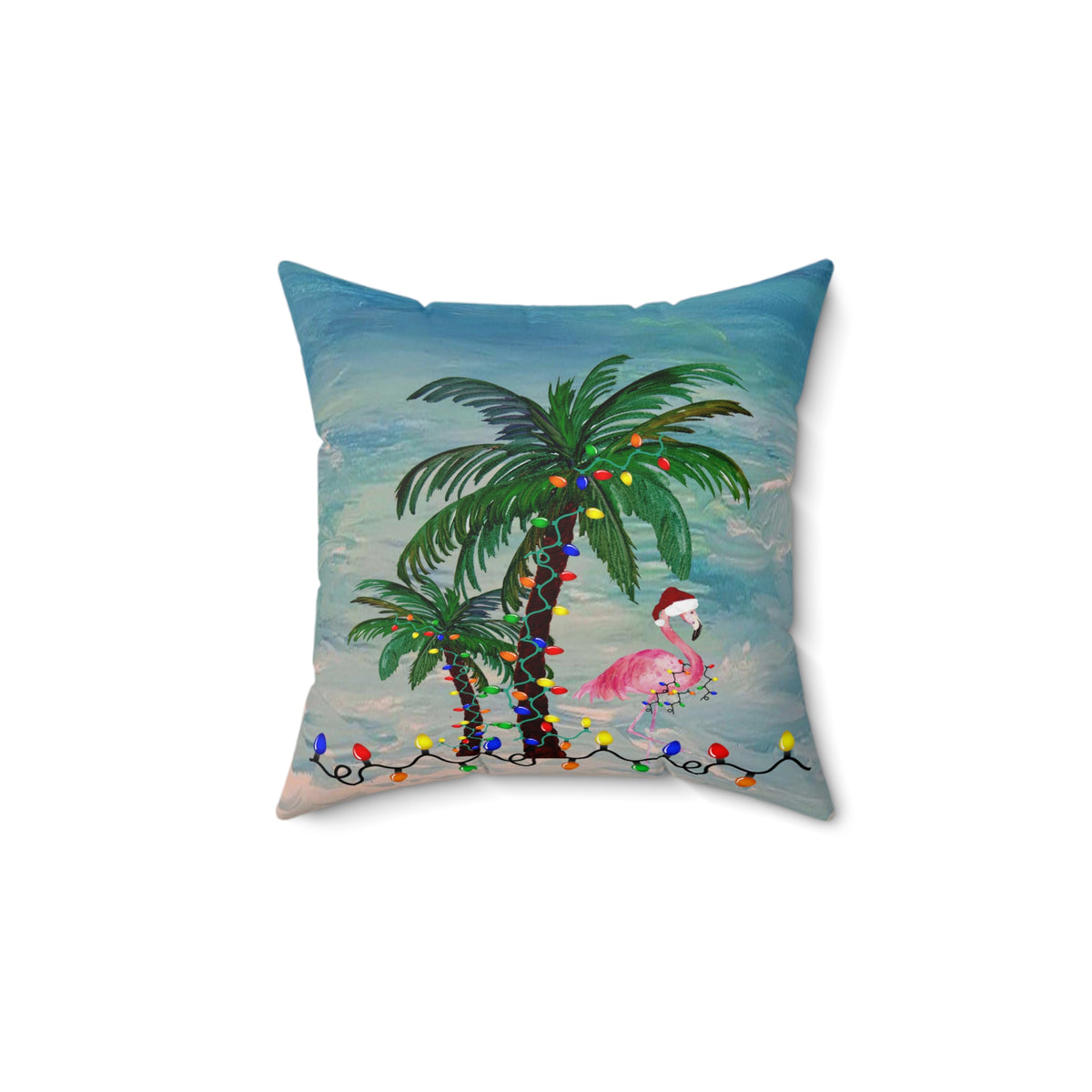 Tropical Christmas Palm Pillow — Flamingo with Holiday Lights