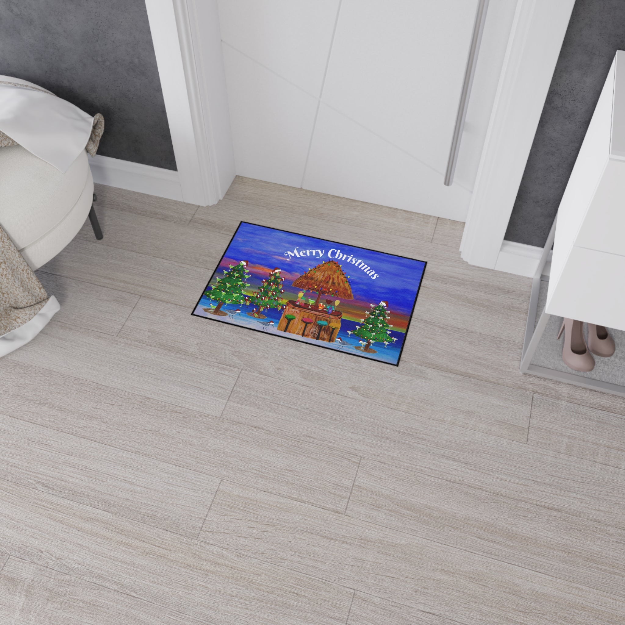 Merry Christmas Tropical Tiki Floor Mat — Heavy Duty Holiday Doormat