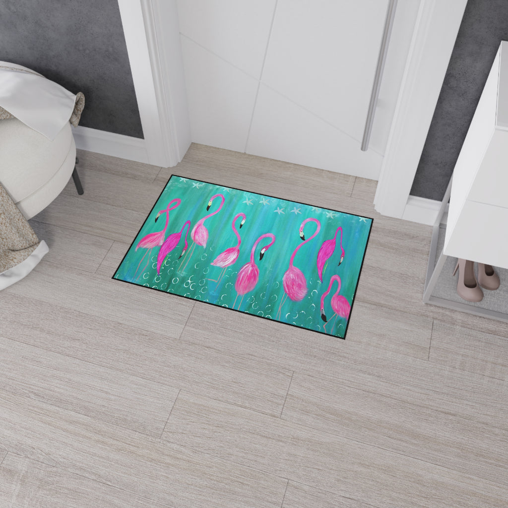 Flamingo Beach Floor Mat — Vibrant Pink Flamingos on Teal Non-Slip Mat