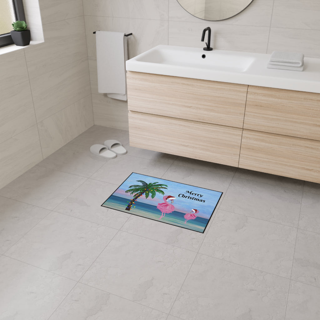 Christmas Beach Floor Mat — "Merry Christmas" Palm & Flamingo Holiday Doormat