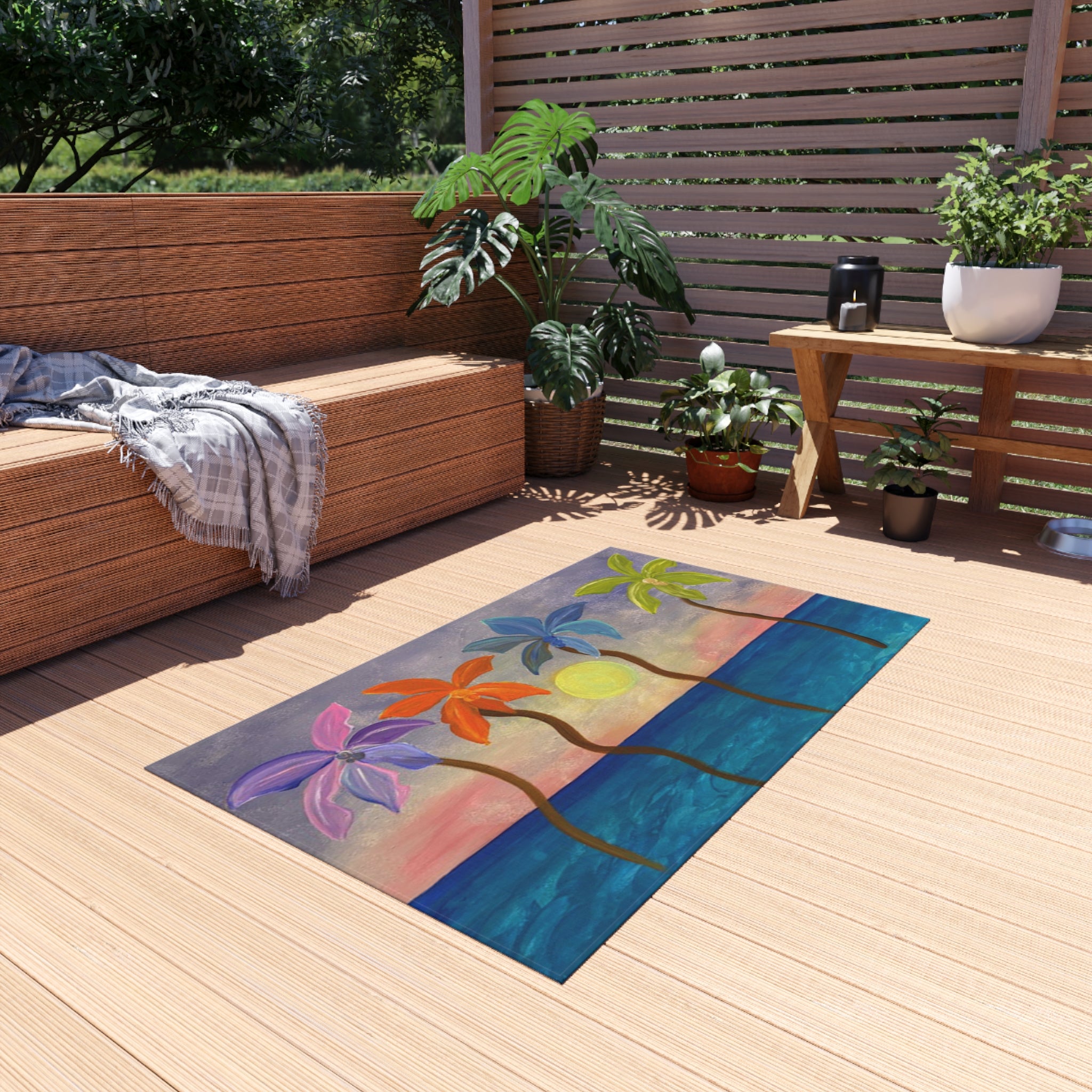 Tropical Sunset Palm Outdoor Rug — Colorful Beach Scene Mat for Patio, Deck & Pool