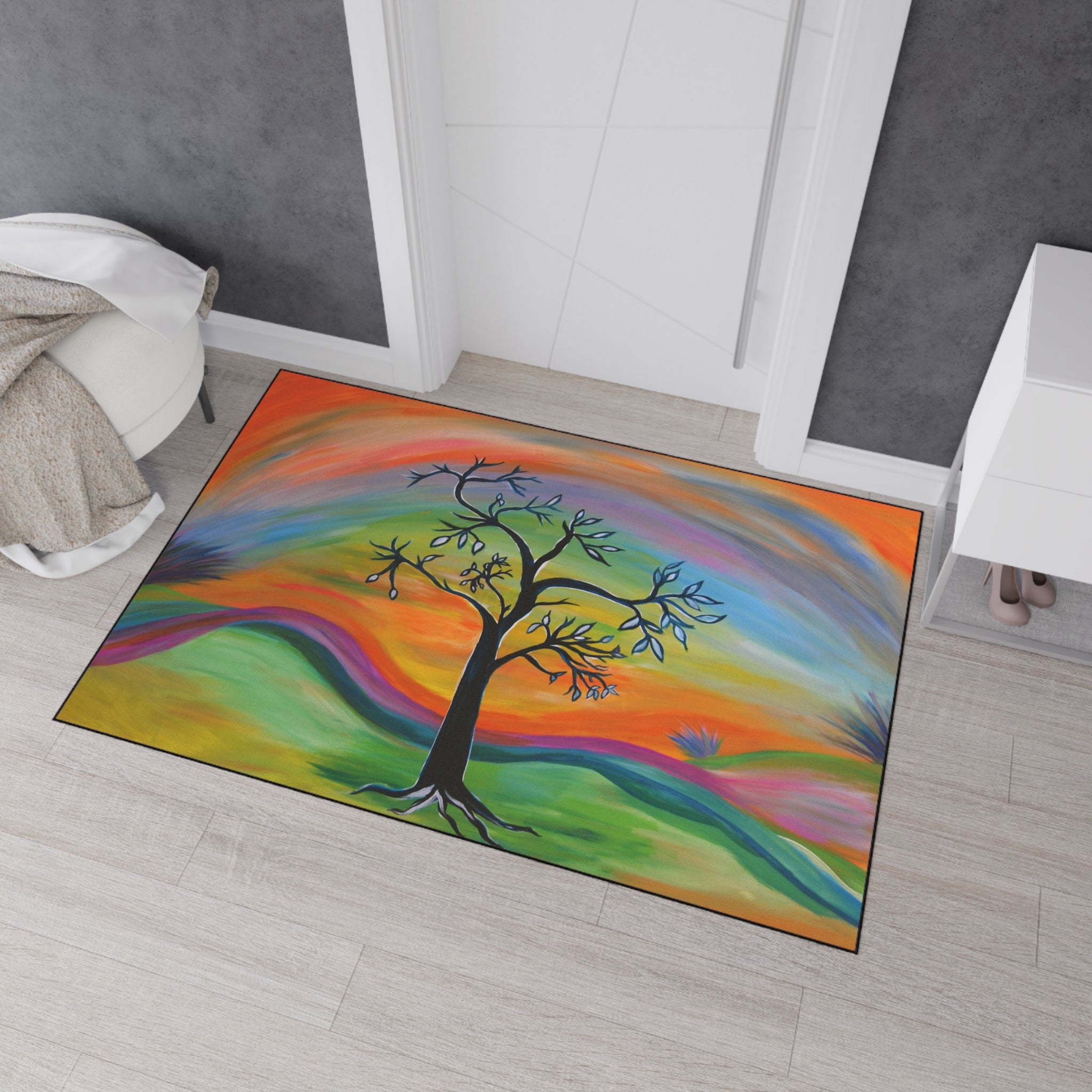 Retro Colorful Tree Heavy-Duty Floor Mat — Vibrant Abstract Welcome Rug