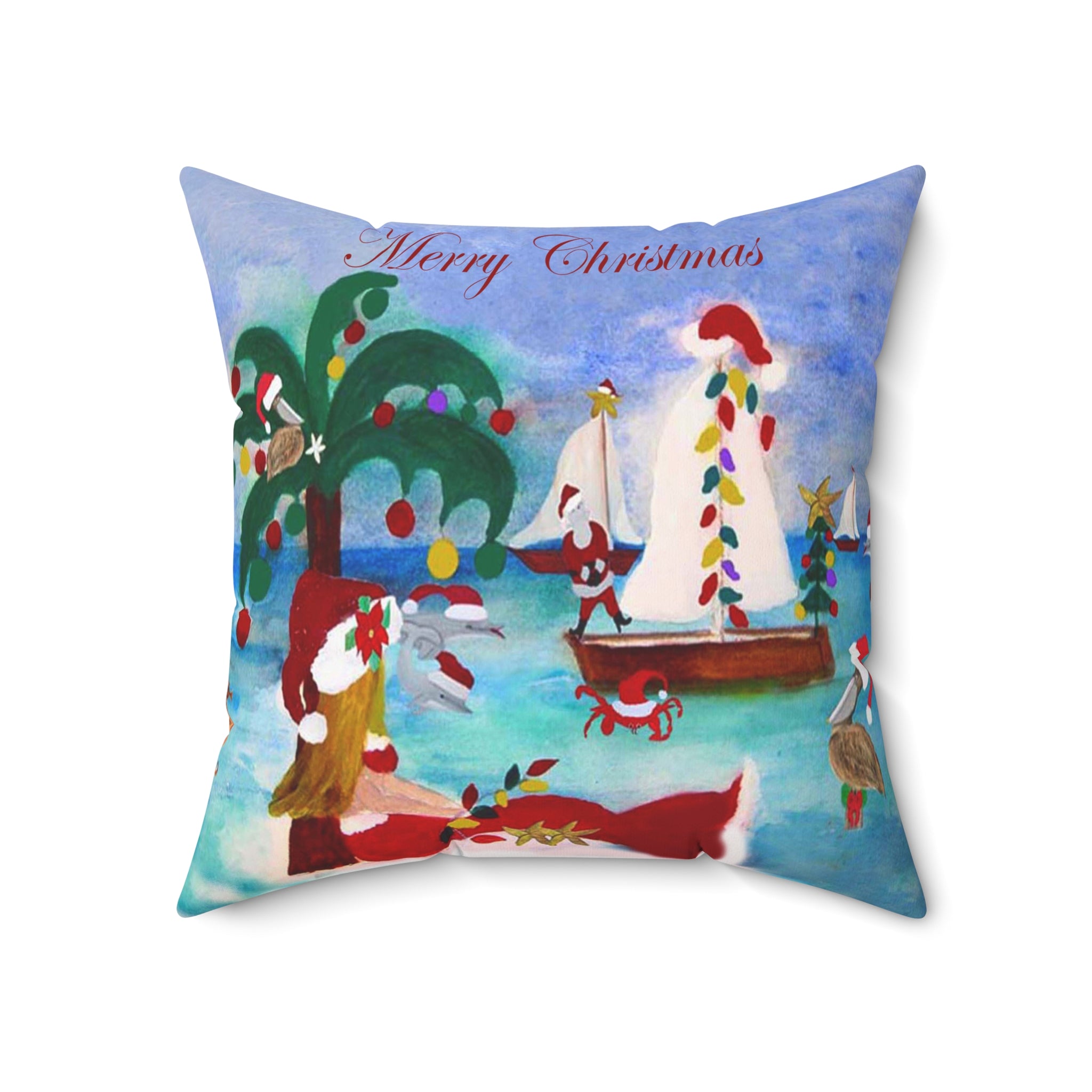 Christmas Coastal Pillow — 'Merry Christmas' Tropical Santa Decorative Throw Pillow
