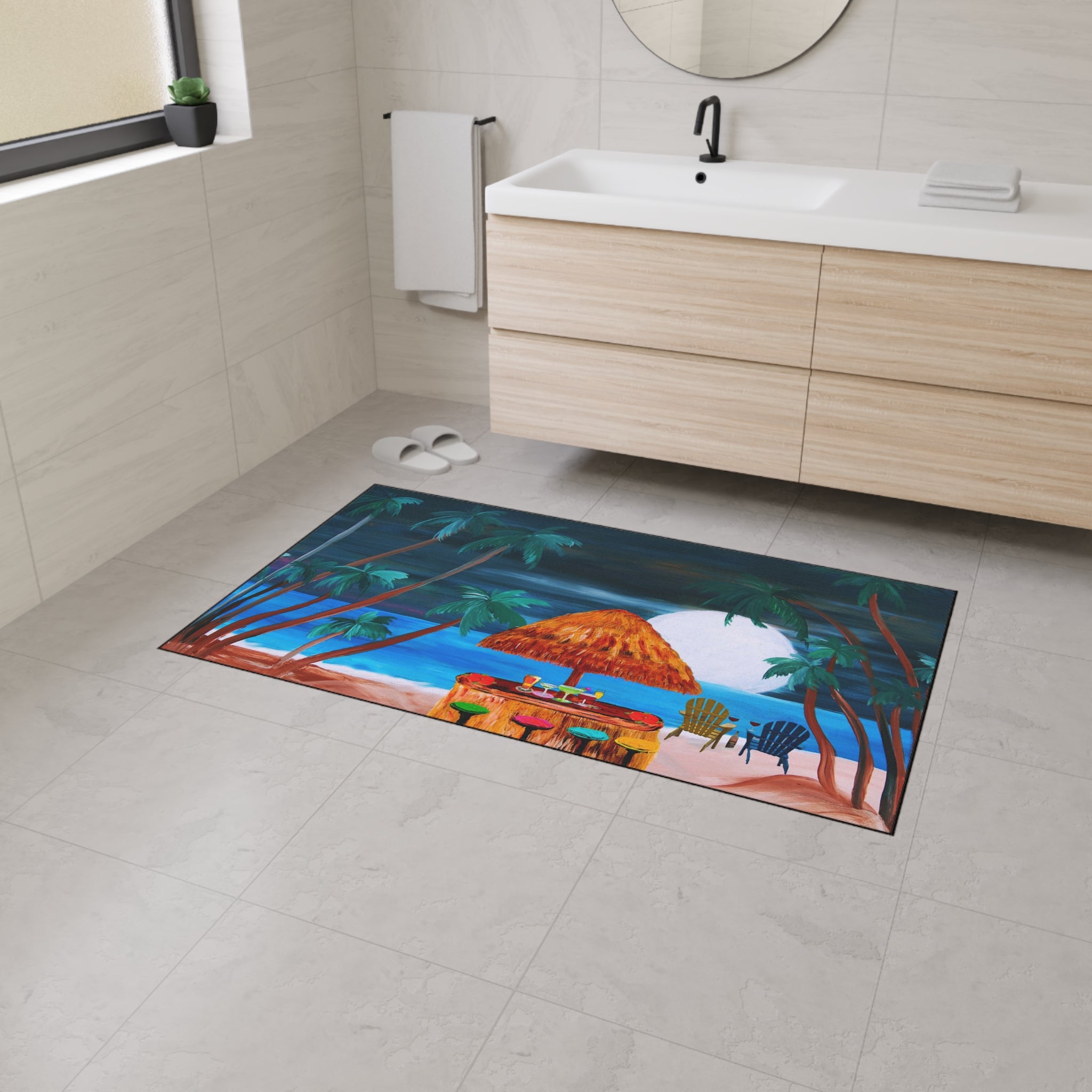 Tropical Beach Tiki Mat — Heavy Duty Floor Mat with Sunset Palm Paradise Design
