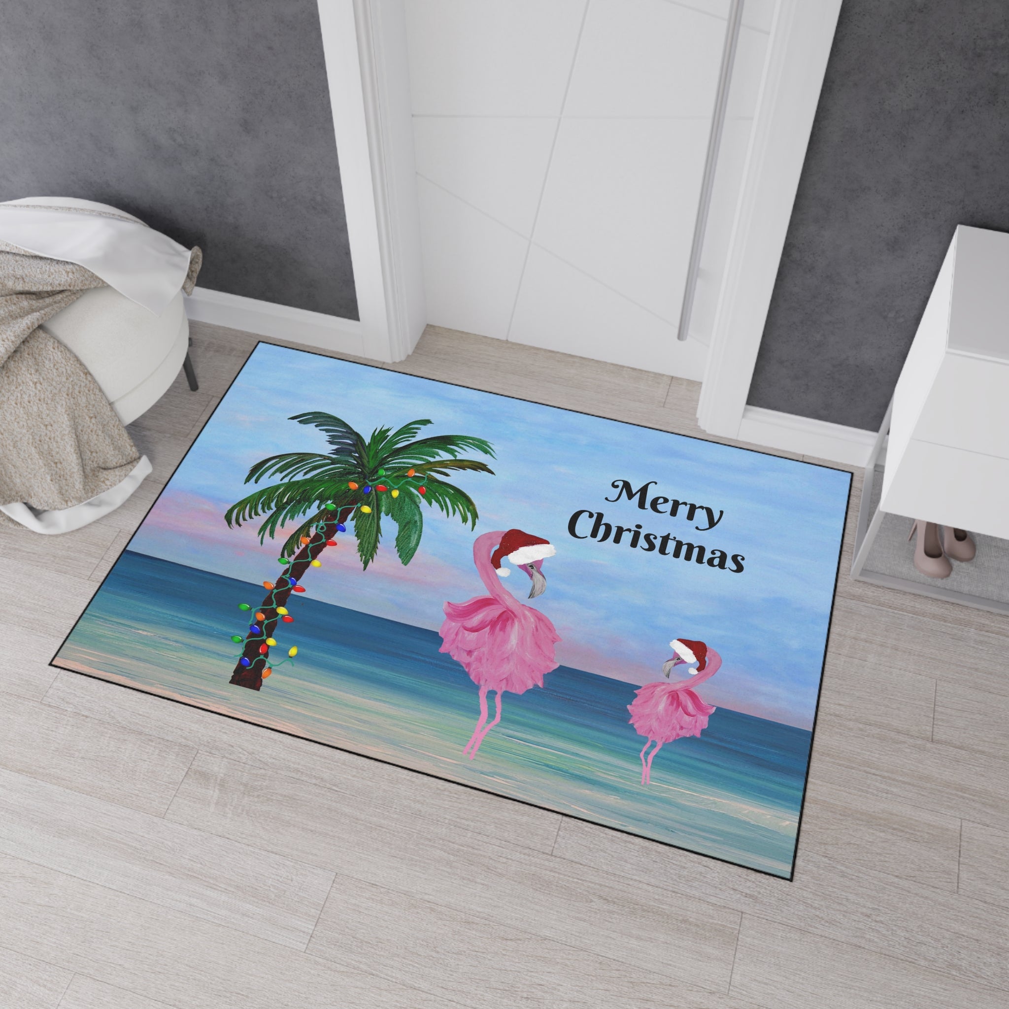 Christmas Beach Floor Mat — "Merry Christmas" Palm & Flamingo Holiday Doormat