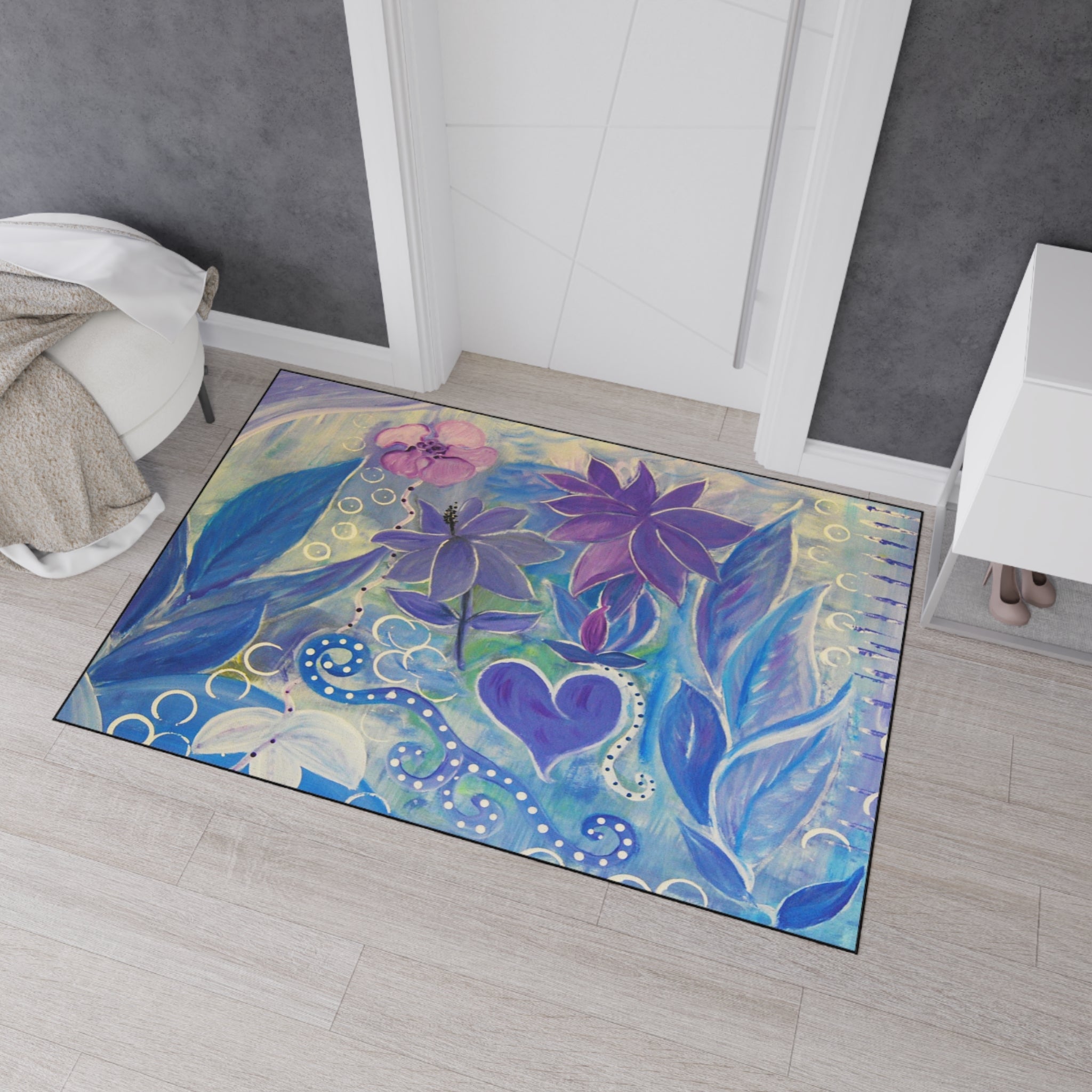 Floral Heart Heavy-Duty Floor Mat — Purple Blue Garden Door Mat