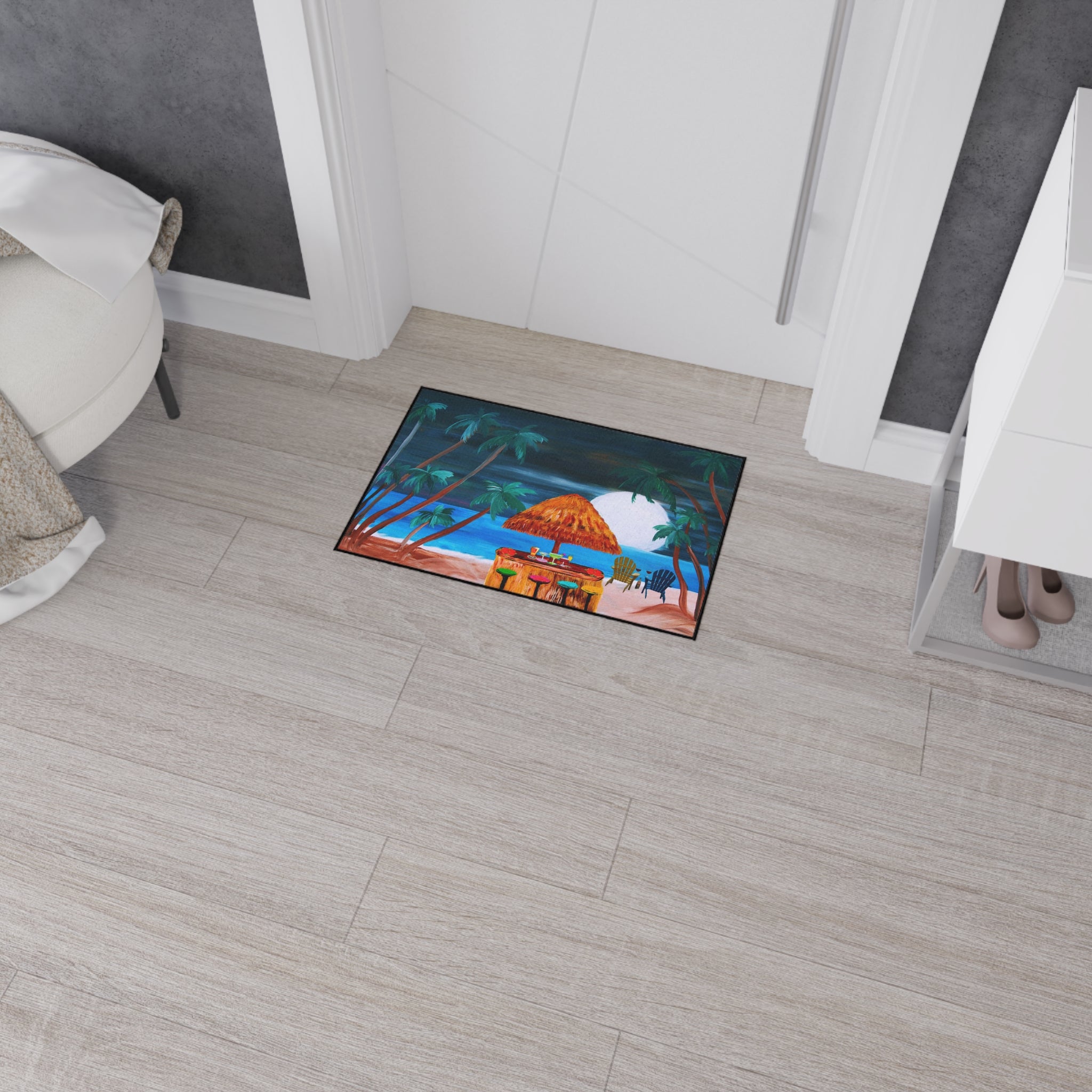 Tropical Beach Tiki Mat — Heavy Duty Floor Mat with Sunset Palm Paradise Design
