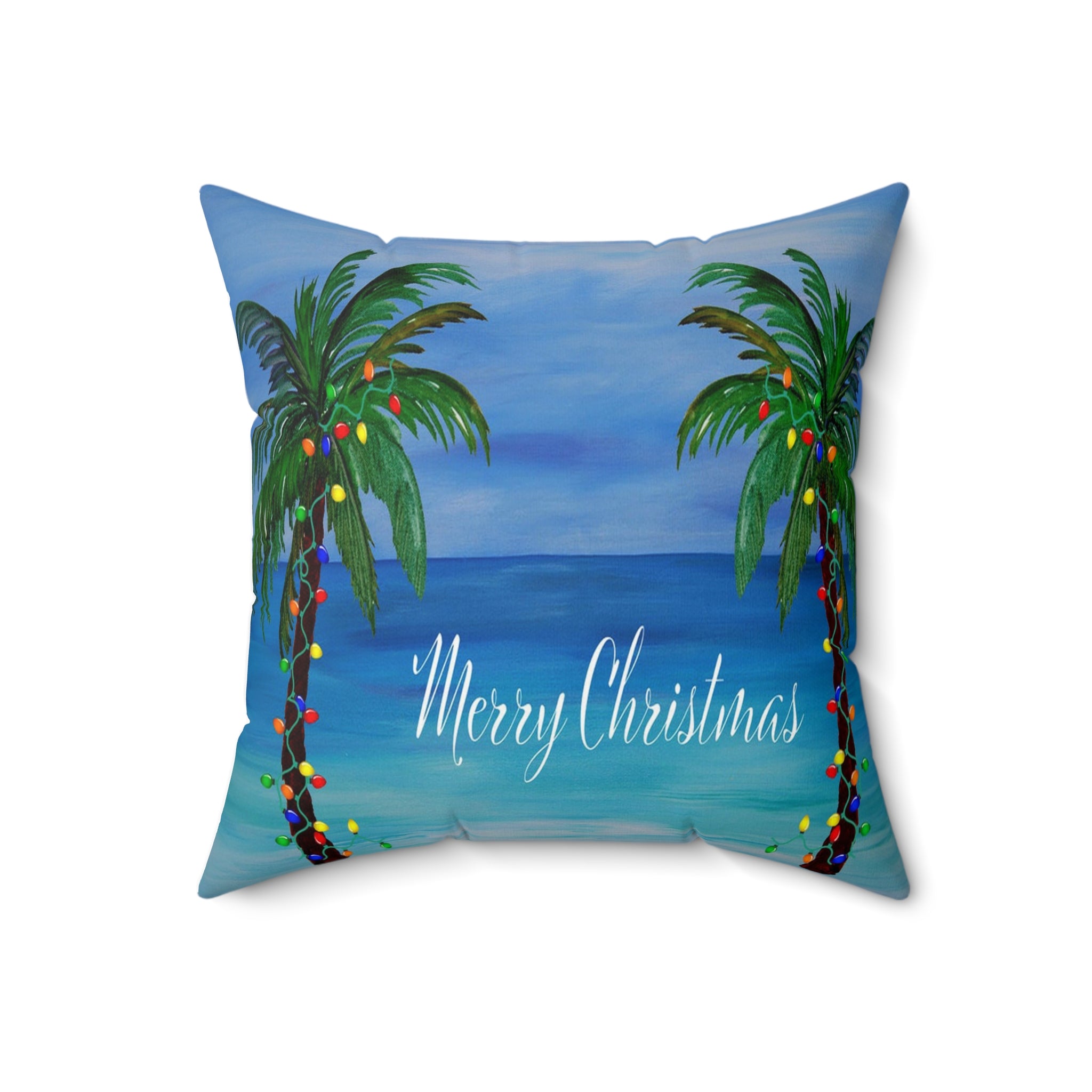 Merry Christmas Tropical Pillow — Palm Trees & Beach Holiday Throw Pillow