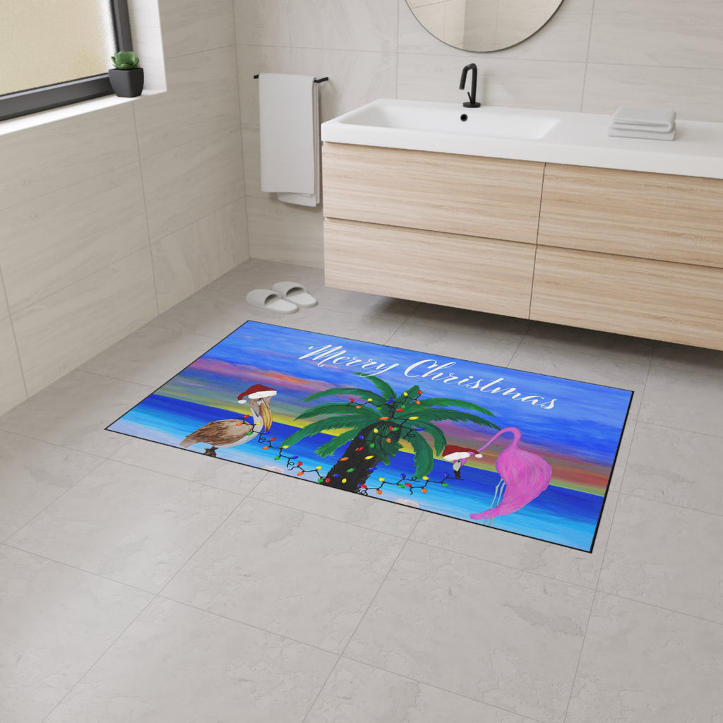 Christmas Beach Floor Mat – 'Merry Christmas' Palm Tree with Pelican & Flamingo Holiday Doormat