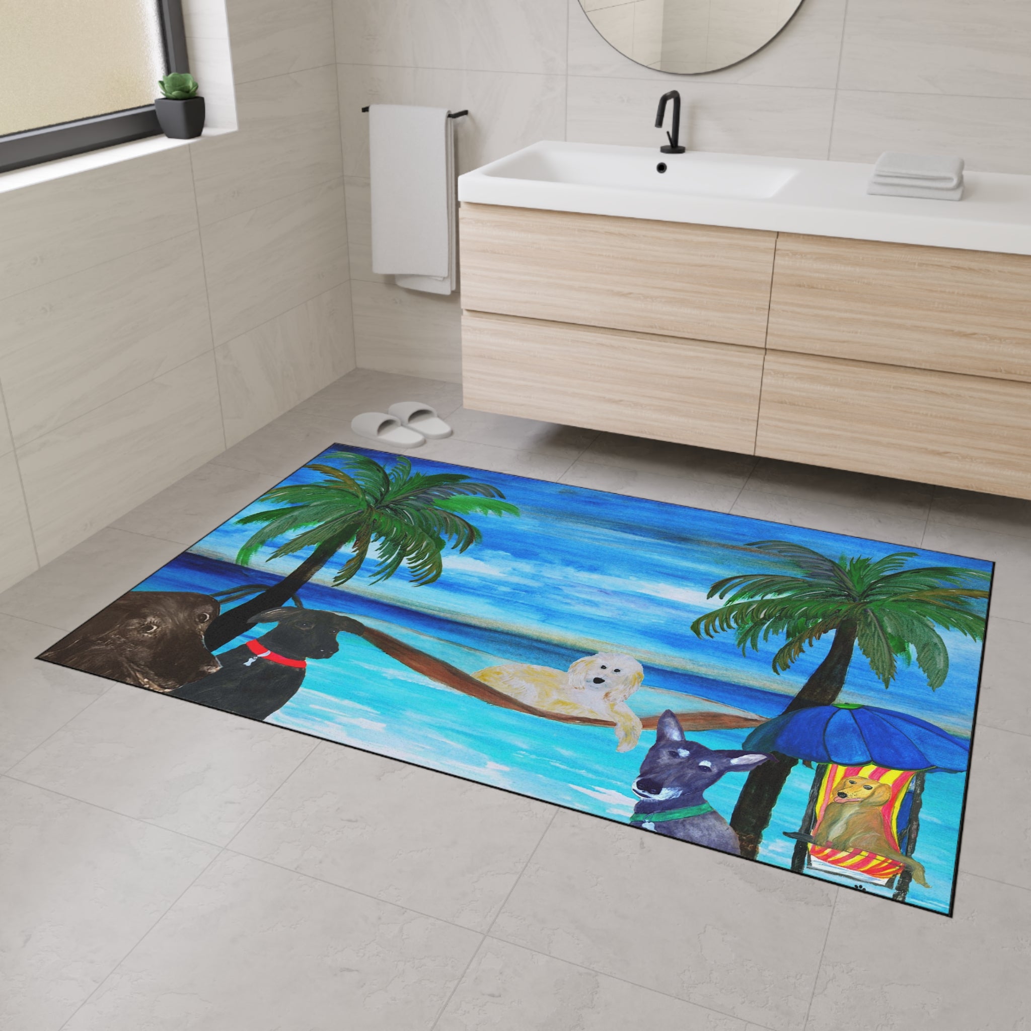 Beach Dogs Heavy Duty Floor Mat — Tropical Palm & Pup Doormat