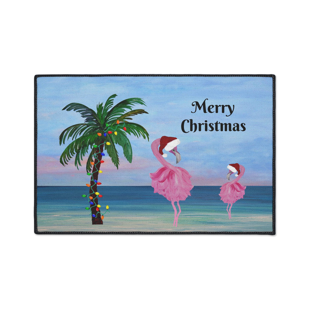 Christmas Beach Floor Mat — "Merry Christmas" Palm & Flamingo Holiday Doormat